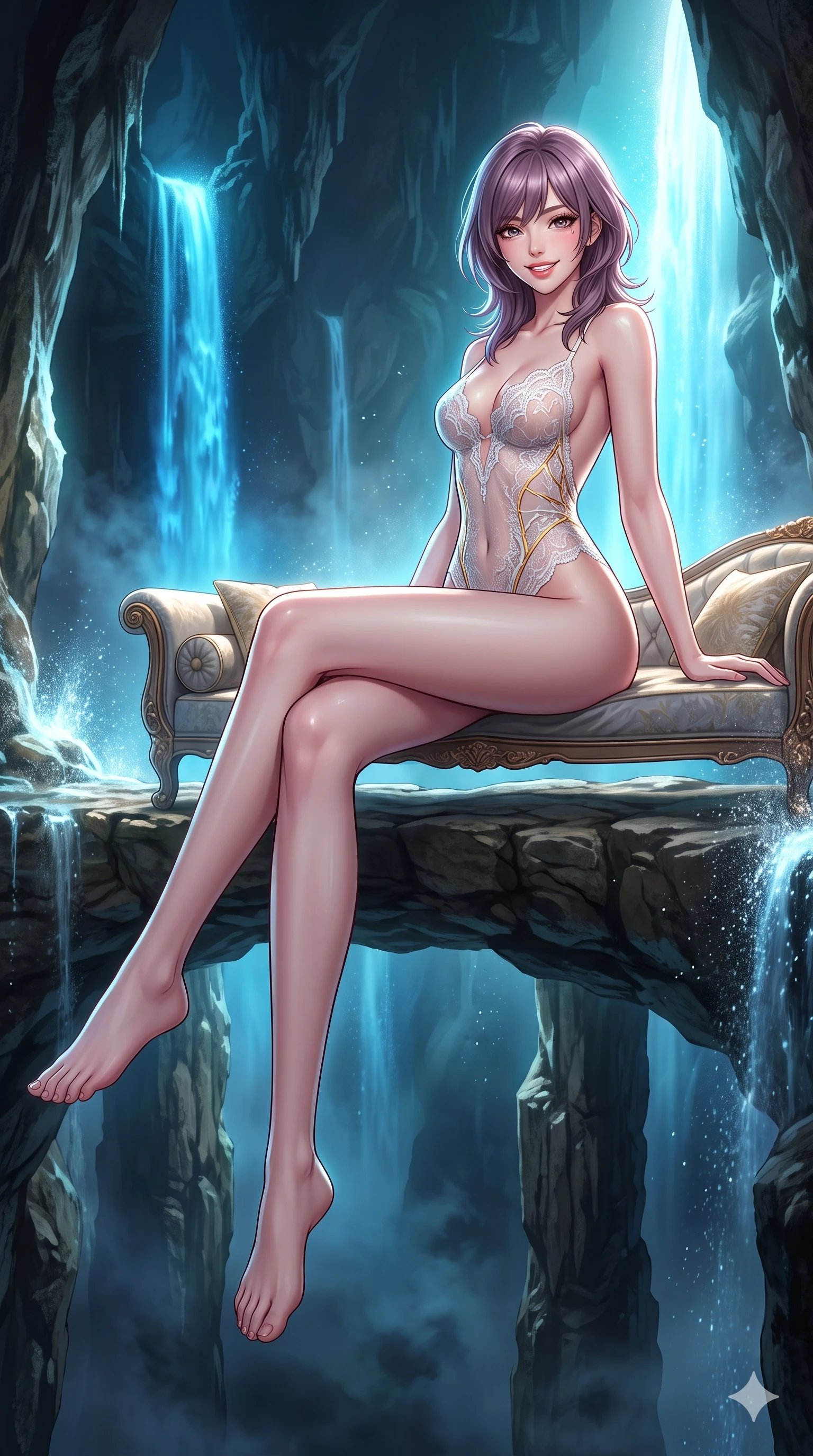 score_9, masterpiece, best quality, ultra-detailed, high-budget anime keyframe, semi-realistic 3D game render, editorial fashion photography, tasteful artistic composition, Japanese woman. low angle full-body shot from head to toe showing her feet, filling the entire 9:16 vertical frame with her statuesque presence, stretching her vertical silhouette. lounging on the lavish daybed with legs crossed and hips angled toward the camera, displaying her toned midriff and long slender limbs with effortless siren poise while standing poised on the natural stone skybridge between vertical rock spires, arching her lower back with commanding presence as glowing blue waterfalls plunge into the abyss. The surrounding environment is rendered in vivid detail and crisp panoramic clarity: detailed garment styling, vibrant anime shading, and monumental underground cavern scale in high resolution. She has an exceptionally tall and slender model-like 8.5-heads proportion, an ultra-slim waist, a flat toned midriff, narrow delicate ribcage, and beautifully sculpted feminine hips creating a graceful, slim hourglass silhouette without any bulky heaviness, with impossibly long slender legs. sharp v-shaped jawline, high-bridge nose, intricate jewel-like sparkling eyes with depth, thick eyelashes, glossy parted lips with a natural peach sheen, bright cheerful beaming smile with an enchanting and coquettish sensual glint, exuding both youthful cute charm and seductive allure, flawlessly proportioned anatomical accuracy, strict slender model proportions, natural body alignment, perfectly sculpted long slender limbs, ultra-slim waistline, clean dynamic posture without body distortion. wearing an alluring backless sheer lace leotard with high-cut leg openings and delicate fiber-optic embroidery framing her spine in Kintsugi celestial white porcelain and liquid gold, made of delicate semi-sheer French Chantilly lace with intricate eyelash edges, finished with scalloped eyelash lace trim framing her sweetheart neckline with intimate elegance, the second-skin tailored fabric adhering flawlessly to her sculpted flat midriff and slender torso, emphasizing her long leg lines and perfectly proportioned willowy build. illuminated by waterfall spray bounce and sharp cyan-white rim lights defining her jawline, narrow waist, and curvy hips. highly saturated vibrant anime colors, detailed shading with soft gradients, rich glossy textures, high-contrast stereoscopic depth, volumetric dynamic lighting, master piece, 9:16 ratio