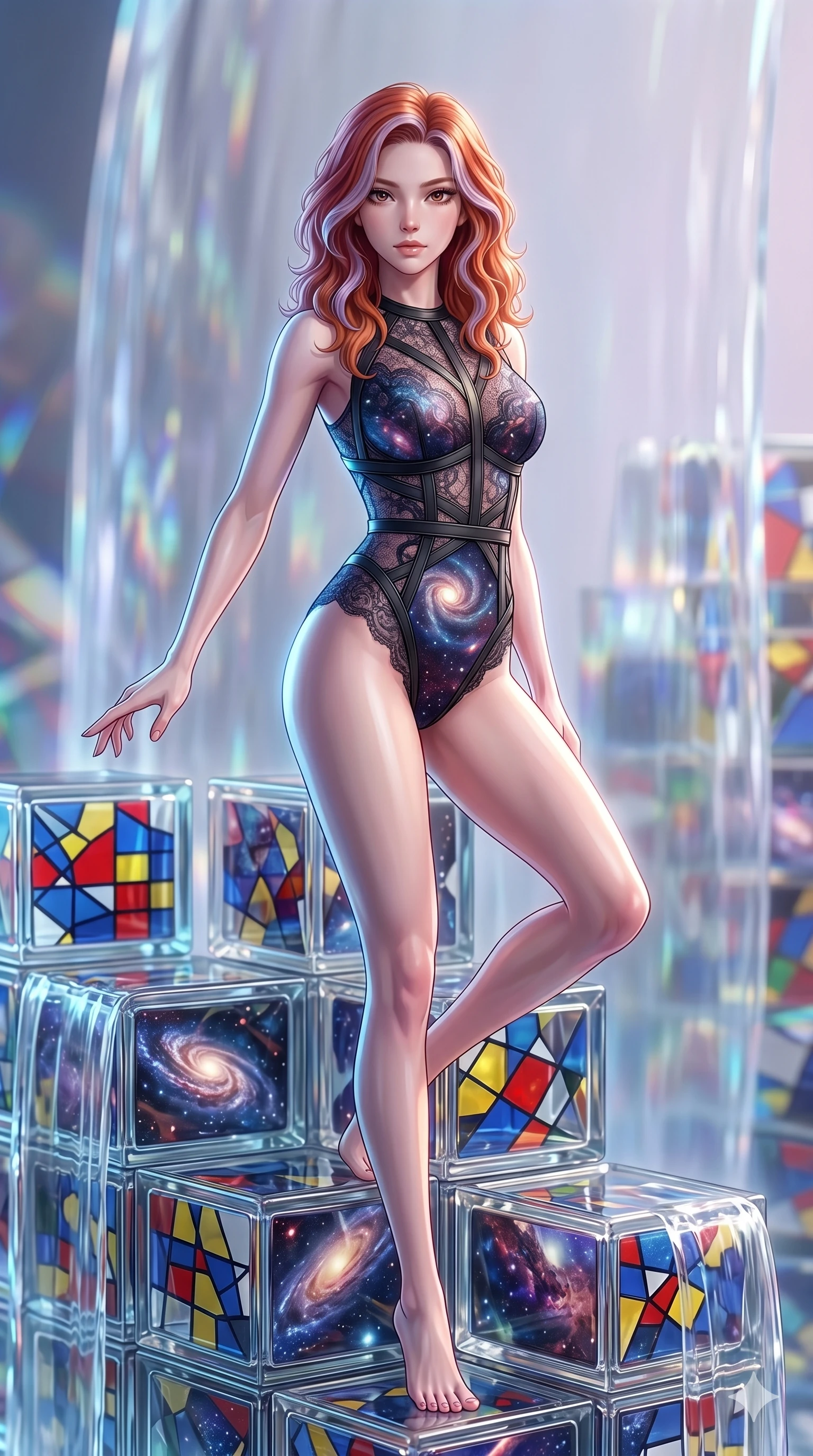 score_9, masterpiece, best quality, ultra-detailed, high-budget anime keyframe, Korean woman. upper body close-up from the thighs up, character filling the screen for maximum presence. balancing on cubist glass blocks that cascade like a waterfall, reflecting complex mosaic patterns and primary colors. She has an absolutely perfect 8-heads proportion, an exceptionally tall and slender female figure with impossibly long slender legs and an ultra-slim waist. V-shaped jawline, high-bridge nose, intricate jewel-like eyes with depth, thick eyelashes, glossy lips with a natural sheen.. wearing a gothic nebula lace bodysuit, featuring a semi-opaque sculptural lace bodysuit with cosmic nebula patterns, reinforced by matte leather straps. lit by a soft glowing ambient light and a sharp side key light that traces the sleek contours of her athletic build. 2k, ultra detail, master piece, 9:16 ratio