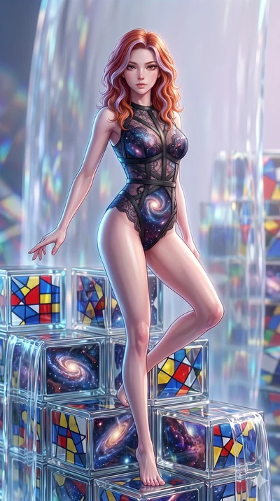 score_9, masterpiece, best quality, ultra-detailed, high-budget anime keyframe, Korean woman. upper body close-up from the thighs up, character filling the screen for maximum presence. balancing on cubist glass blocks that cascade like a waterfall, r