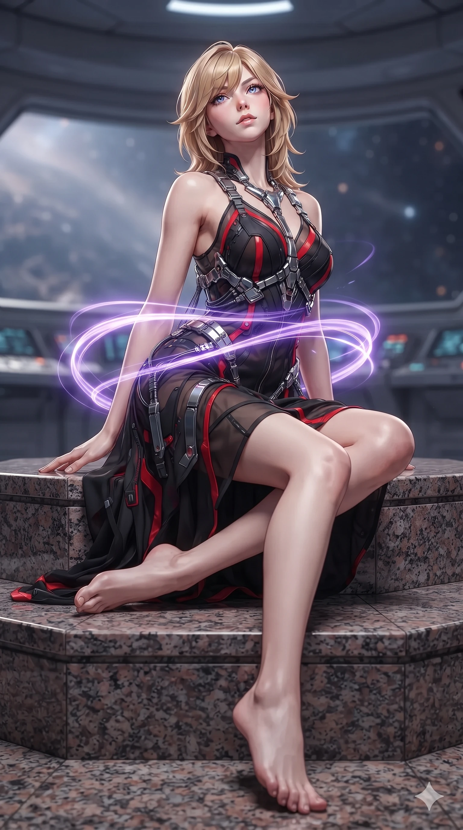 score_9, masterpiece, best quality, ultra-detailed, high-budget anime keyframe, editorial fashion photography, tasteful artistic composition, Korean woman. low angle full-body shot from head to toe showing her feet, filling the entire 9:16 vertical frame with her statuesque presence, stretching her vertical silhouette. sitting poised on the polished granite dais with one knee bent, arching her spine with supermodel elegance as she glances upward through thick eyelashes while twisting her slender torso in an alluring contrapposto, radiant ultraviolet jet emissions casting luminous violet ribbons across her narrow waist and curvy hips. The background shows a soft-focus cosmic ray atmospheric ionization softened in orbital station bay shallow focus. She has an absolutely perfect, statuesque 8.5-heads proportion, an exceptionally tall and slender model-like female figure with impossibly long slender legs, an ultra-slim waist, a flat toned midriff, narrow delicate ribcage, and beautifully sculpted feminine hips creating a graceful, slim hourglass silhouette without any bulky heaviness. sharp v-shaped jawline, high-bridge nose, intricate jewel-like sparkling eyes with depth, thick eyelashes, glossy parted lips with a natural sheen, bright confident smile with an enchanting and coquettish sensual glint, exuding both youthful magnetic charm and sovereign high-tech allure, flawlessly proportioned anatomical accuracy, strict slender model proportions, natural body alignment, perfectly sculpted long slender limbs, ultra-slim waistline, clean dynamic posture without body distortion. wearing a form-contouring gossamer cyber-chiffon flight slip with a hip-high slit and open cowl back clinging with dewy moisture in midnight black lacquer and vibrant scarlet neon, woven from high-density tech-wool with subtle metallic thread weave, accented with a chrome-drop body harness subtly framing her dewy collarbones and spine, the liquid-tight tailored fabric clinging flawlessly to her narrow waist and rounded feminine hips, emphasizing every millimeter of her sculpted slim hourglass curves without any bulky heaviness. bathed in the blinding, pure violet and electric blue illumination of the relativistic jet mixed with warm interior ambient lighting. ultra-reflective glossy finish, specular highlights, rich textural contrasts, high-contrast stereoscopic depth, volumetric dynamic lighting, 2k, ultra detail, master piece, 9:16 ratio