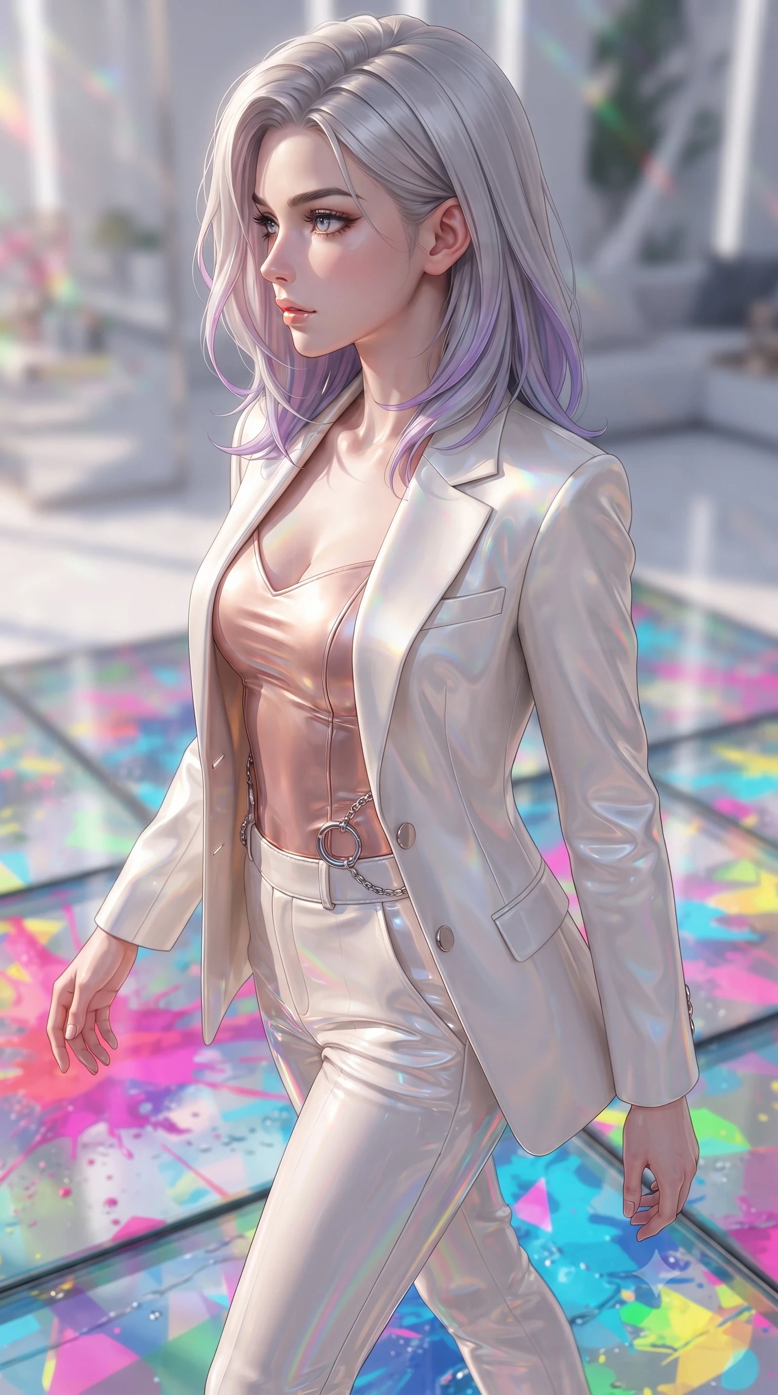 score_9, masterpiece, best quality, ultra-detailed, high-budget anime keyframe, editorial fashion photography, tasteful artistic composition, Caucasian woman. close-up cowboy shot from the waist and thighs up, the character dominates the composition, filling the frame with her large presence, background elements kept in soft focus. Turning her face in sharp dramatic profile against the bright light, showcasing her sharp v-shaped jawline stepping across a reflective glass floor drenched in vibrant fluid splashes, a kaleidoscope of refractions forming geometric light patterns on her skin. She has an exceptionally elegant, slender, and willowy female figure with an ultra-slim waist, a gracefully sculpted slender torso, and a refined silhouette. sharp v-shaped jawline, high-bridge nose, intricate jewel-like eyes with depth, thick eyelashes, glossy lips with a natural sheen. wearing a tailored silk blazer over a form-contouring top and fitted slacks in pearl white and rose gold, tailored from high-gloss patent leather, accented with delicate chrome ring hardware framing her waist, the elegant draped fit framing her graceful clavicle and slender torso. drenched in bright white key light with colorful prismatic rim lighting. highly saturated vibrant anime colors, detailed shading with soft gradients, rich glossy textures, high-contrast stereoscopic depth, volumetric dynamic lighting, master piece, 9:16 ratio