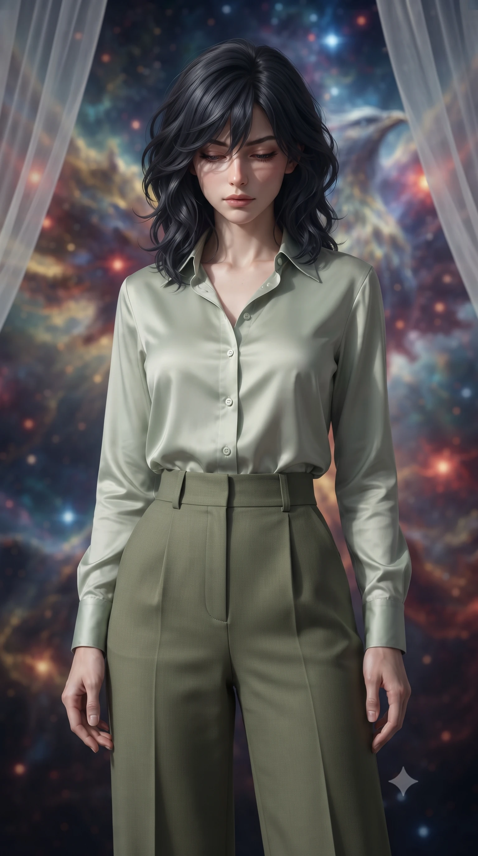 score_9, masterpiece, best quality, ultra-detailed, high-budget anime keyframe, editorial fashion photography, tasteful artistic composition, Caucasian woman, strictly human ears. close-up cowboy shot from the waist and thighs up, the character dominates the composition, filling the frame with her large presence, background elements kept in soft focus. Looking down with lowered lashes and a composed powerful expression. set against a soft-focus background of inside a spectacular nebula naturally shaped like a cosmic phoenix where dying red giant stars shed their outer layers in explosive color birthing brilliant new blue-white stars in cascading chain reactions. She has an exceptionally elegant and slender, willowy female figure with an ultra-slim waist, a gracefully sculpted slender torso, and a refined slim physique. sharp v-shaped jawline, high-bridge nose, intricate jewel-like eyes with depth, thick eyelashes, glossy lips with a natural sheen. wearing a pale sage green button-down silk shirt tucked into high-waisted olive green wide-leg trousers. cold silver moonlight filtered through translucent gossamer curtains casting delicate shadows. 2k, ultra detail, master piece, 9:16 ratio