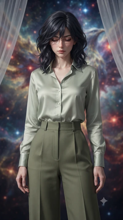 score_9, masterpiece, best quality, ultra-detailed, high-budget anime keyframe, editorial fashion photography, tasteful artistic composition, Caucasian woman, strictly human ears. close-up cowboy shot from the waist and thighs up, the character domin