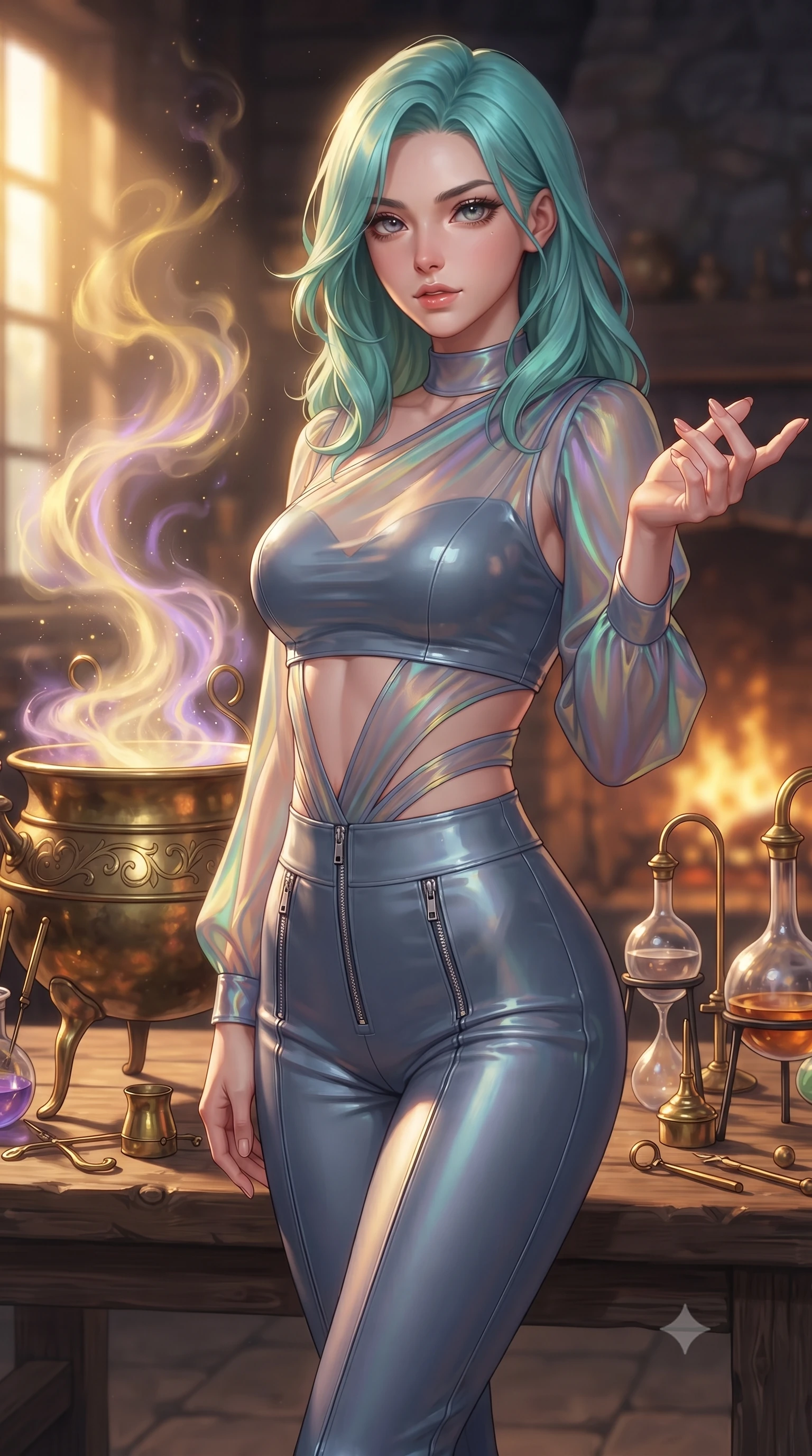 score_9, masterpiece, best quality, ultra-detailed, high-budget anime keyframe, editorial fashion photography, tasteful artistic composition, Japanese woman. close-up cowboy shot from the waist and thighs up, the character dominates the composition, filling the frame with her large presence, background elements kept in soft focus. Reaching one hand gracefully toward the viewer with effortless superiority and allure poised beside a brass potion cauldron emitting glowing golden and violet vapors, intricate brass alchemy tools and glass retorts reflecting warm hearth fire. She has an exceptionally elegant, slender, and willowy female figure with an ultra-slim waist, a gracefully sculpted slender torso, and a refined silhouette. sharp v-shaped jawline, high-bridge nose, intricate jewel-like eyes with depth, thick eyelashes, glossy lips with a natural sheen. wearing a glossy vinyl crop top and high-waist tailored leggings with sleek zippers in slate blue and metallic silver, crafted from iridescent chiffon that shifts colors in the light, featuring clean architectural cutouts along her slender torso, the elegant draped fit framing her graceful clavicle and slender torso. bathed in warm golden sunlight and soft violet magical inner glow. ultra-reflective glossy finish, specular highlights, metallic sheen, high-contrast stereoscopic depth, volumetric dynamic lighting, 2k, ultra detail, master piece, 9:16 ratio