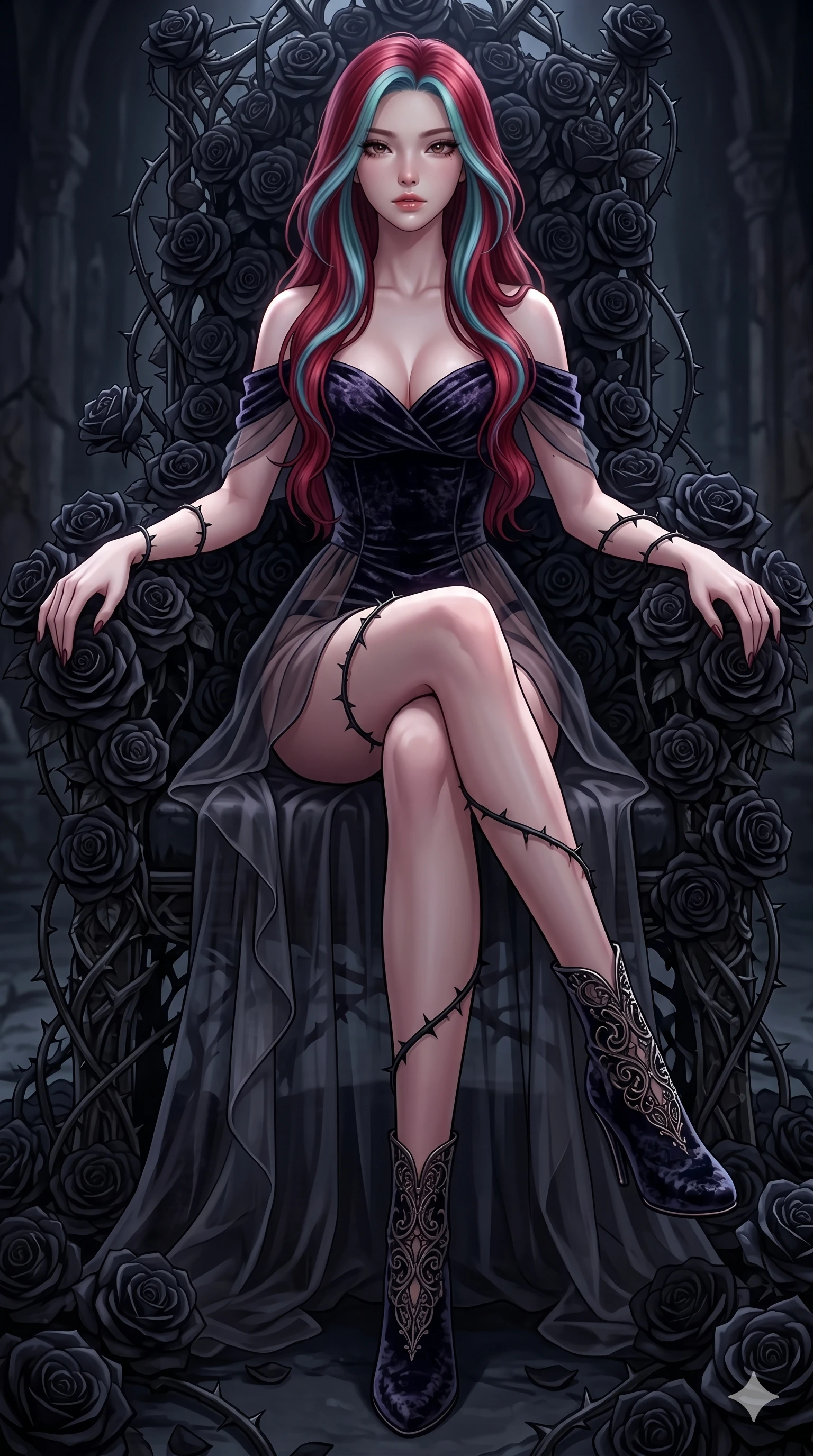 score_9, masterpiece, best quality, ultra-detailed, High-budget Anime Keyframe, East Asian woman. Dynamic full-body shot stretching the vertical silhouette to the limit. Scenario 180: Resting on a throne of black roses, thorns grazing her skin. Her presence is magnetic and overpowering in this high-budget anime scene. Outfit 180: A crushed dark velvet garter with a low-cut shoulder and translucent layers. The clothing is designed to emphasize her exceptionally tall and slender 8-heads proportion. 8-heads proportion, towering silhouette, ultra-slim waist. sharp v-shaped jawline, intricate jewel-like eyes with depth, thick eyelashes, glossy lips. 2k, ultra detail, master piece, 9:16 ratio
