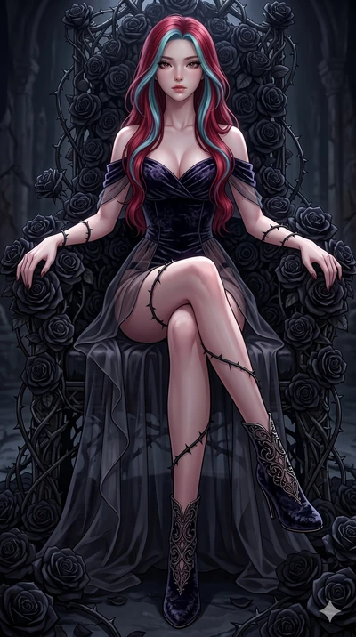 score_9, masterpiece, best quality, ultra-detailed, High-budget Anime Keyframe, East Asian woman. Dynamic full-body shot stretching the vertical silhouette to the limit. Scenario 180: Resting on a throne of black roses, thorns grazing her skin. Her p