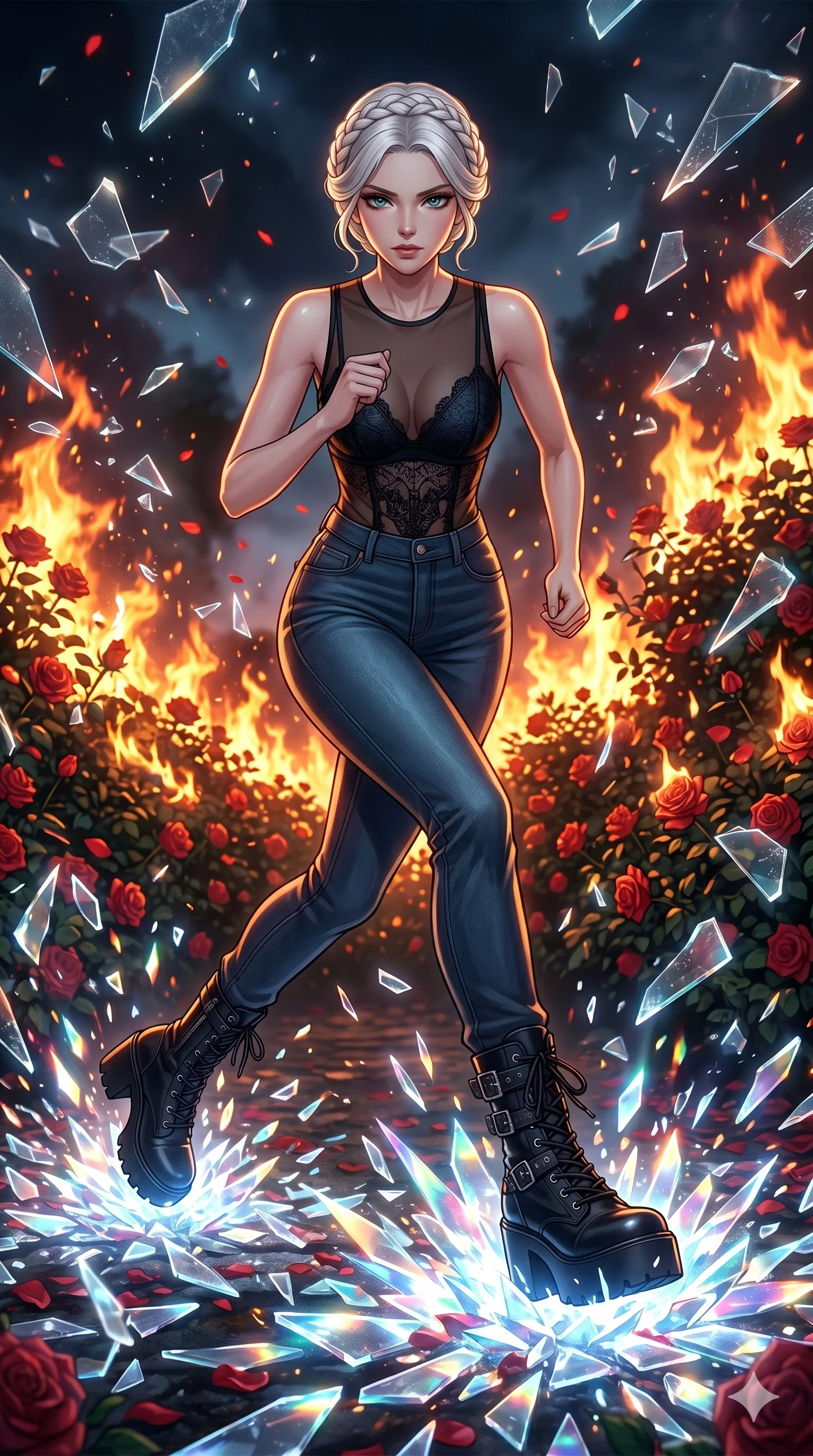 score_9, masterpiece, best quality, ultra-detailed, Set A: High-budget Anime Keyframe, Korean woman. Low angle cowboy shot filling the entire 9:16 frame with her statuesque presence. Sprinting through a burning rose garden, as the ground beneath her turns into 131 shards of light and surrounded by shattered glass fragments. She has an well-proportioned figure, an tall and elegant figure with elegant legs and an graceful posture. Sharp v-shaped jawline, high-bridge nose, intricate jewel-like eyes with depth, thick eyelashes, glossy lips with a natural sheen. Wearing Sheer bodice top with high-waist tech-denim and heavy platform combat boots. Cinematic lighting, vibrant colors, dramatic shadows, 2k, ultra detail, master piece, 9:16 ratio