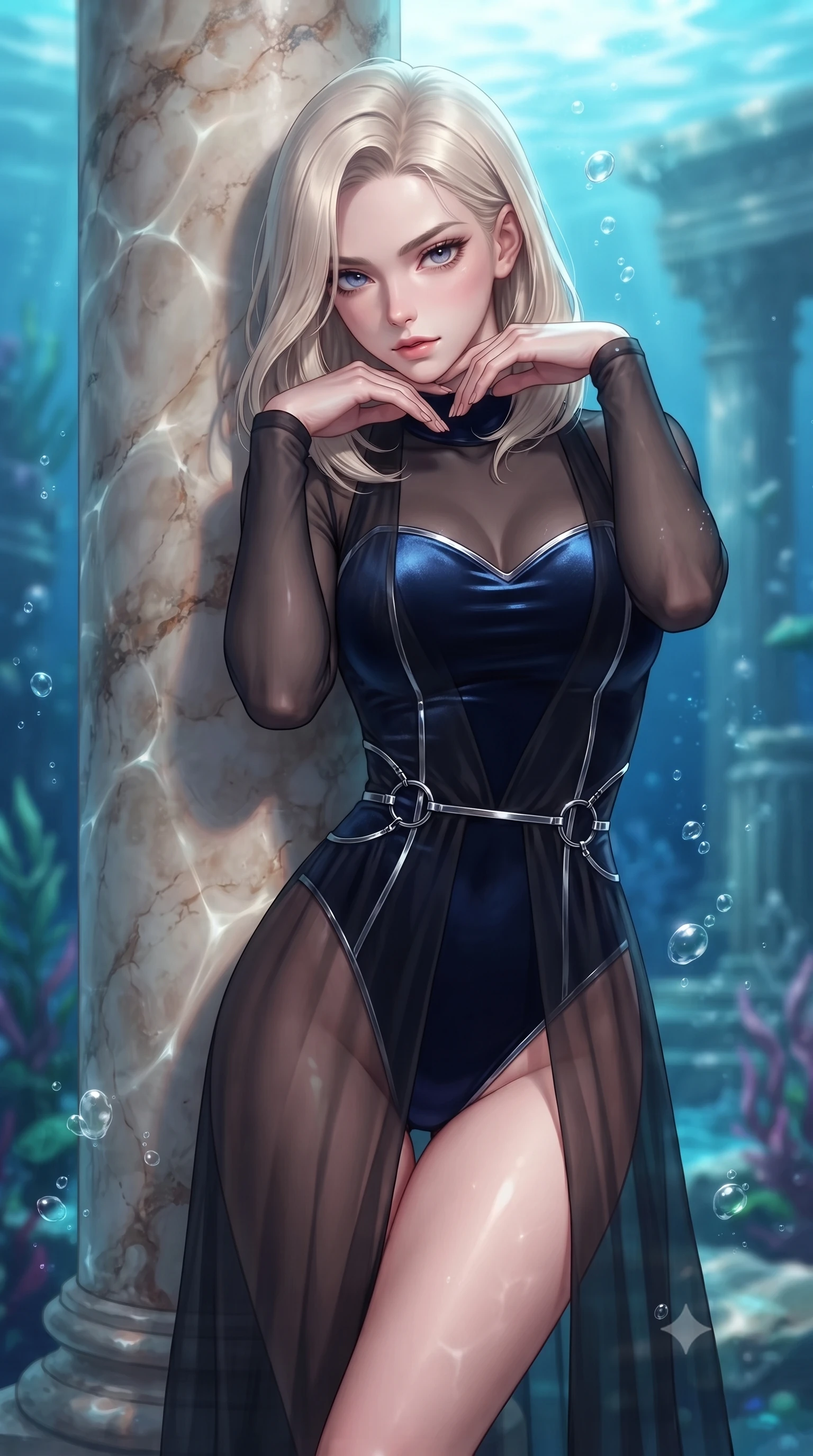 score_9, masterpiece, best quality, ultra-detailed, high-budget anime keyframe, editorial fashion photography, tasteful artistic composition, Caucasian woman. close-up cowboy shot from the waist and thighs up, the character dominates the composition, filling the frame with her large presence, background elements kept in soft focus. Resting her chin on the backs of her fingers, casting a sharp, mysterious gaze resting against an antique marble pillar as gentle sea bubbles rise around her, shimmering water reflections dancing dynamically across the marble walls. She has an exceptionally elegant, slender, and willowy female figure with an ultra-slim waist, a gracefully sculpted slender torso, and a refined silhouette. sharp v-shaped jawline, high-bridge nose, intricate jewel-like eyes with depth, thick eyelashes, glossy lips with a natural sheen. wearing a semi-opaque sheer overlay dress over a leather micro-bodysuit in midnight navy blue and chrome trim, made of premium stretch velvet with a rich sheen, accented with delicate chrome ring hardware framing her waist, the form-contouring material highlighting her ultra-slim waist and long lines. surrounded by a shimmering ocean aura with bright pearl-white rim lights. highly saturated vibrant anime colors, detailed shading with soft gradients, rich glossy textures, high-contrast stereoscopic depth, volumetric dynamic lighting, master piece, 9:16 ratio