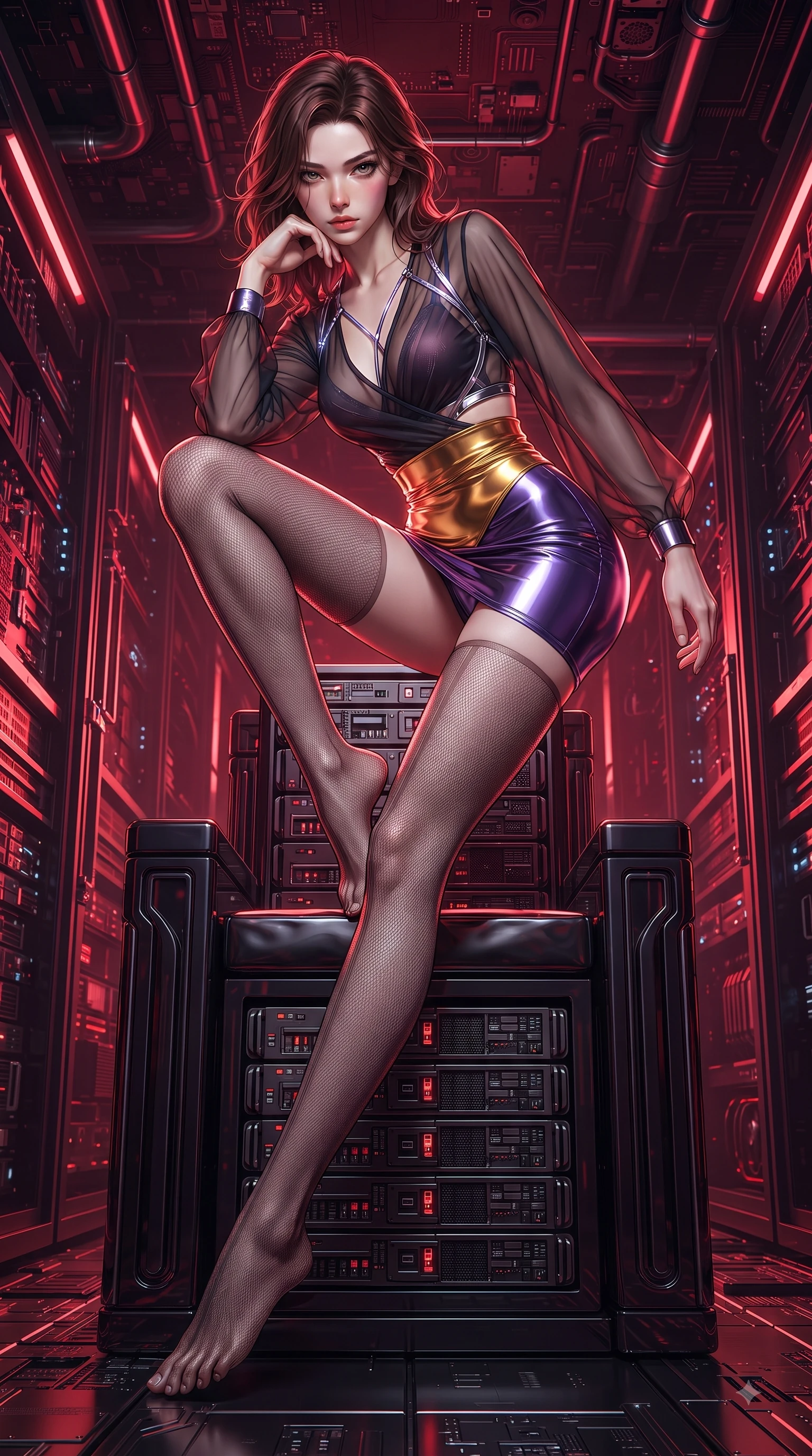 score_9, masterpiece, best quality, ultra-detailed, high-budget anime keyframe, editorial fashion photography, tasteful artistic composition, Korean woman. low angle full-body shot from head to toe showing her feet, filling the entire 9:16 vertical frame with her statuesque presence, stretching her vertical silhouette. performing an alluring mid-air vault with flawless poise, looking directly into the camera with smoldering intensity while leaning forward on a throne of server racks with a dangerous smolder resting her elbow on her knee. The surrounding environment is rendered in vivid detail and crisp panoramic clarity. intricate circuit board textures, glowing crimson conduits, and polished obsidian throne details in deep focus. She has an absolutely perfect, statuesque 8.5-heads proportion, an exceptionally tall and slender model-like female figure with impossibly long slender legs and an ultra-slim waist. sharp v-shaped jawline, high-bridge nose, intricate jewel-like eyes with depth, thick eyelashes, glossy lips with a natural sheen, flawlessly proportioned anatomical accuracy, natural body alignment, perfectly sculpted elegant limbs, clean dynamic posture without body distortion. wearing a shortened cyber-fusion wrap top with transparent chiffon panels, a deep crossover neckline, and a high-waisted metallic sash that accentuates her ultra-slim waist in lustrous molten gold and pure deep violet, made of liquid metal jersey that clings flawlessly to every contour of her build, reinforced by a sleek metallic chrome harness and delicate glowing micro-straps, the glove-like fit tightly following every curve of her statuesque athletic build. illuminated by deep ruby red ambient glow and crisp silver specular highlights. ultra-reflective glossy finish, specular highlights, metallic sheen, high-contrast stereoscopic depth, volumetric dynamic lighting, 2k, ultra detail, master piece, 9:16 ratio