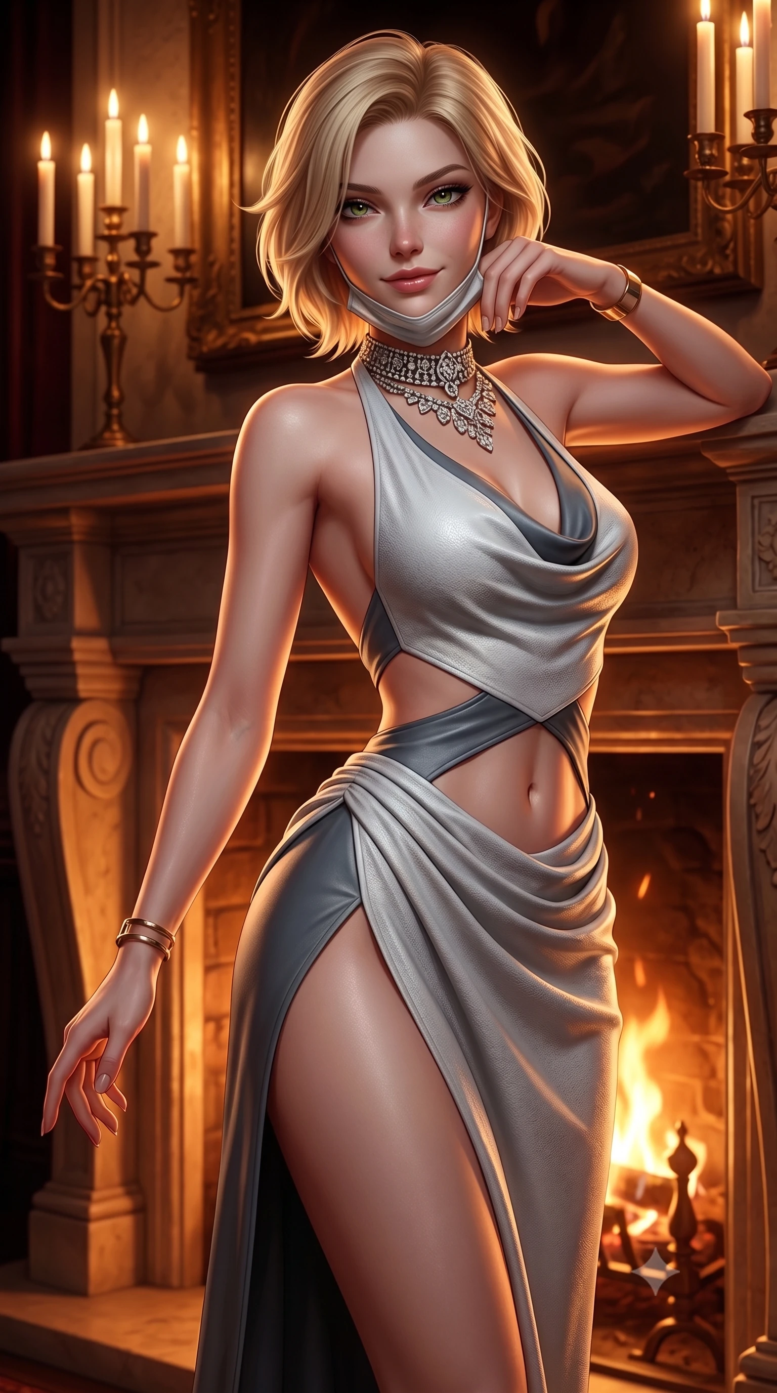 score_9, masterpiece, best quality, ultra-detailed, high-budget anime keyframe, semi-realistic 3D game render, editorial fashion photography, tasteful artistic composition, Caucasian woman. close-up cowboy shot from the waist and thighs up, the character dominates the composition, filling the frame with her large presence. extending one slender arm gracefully toward the foreground while casting an affectionate, mesmerizing glance while resting against a candlelit grand fireplace with mask slightly lowered, smiling with dangerous, bewitching elegance. The surrounding environment is rendered in vivid detail and crisp panoramic clarity. luxurious neo-noir romance chiaroscuro and lavish historical mansion opulence rendered with precision. She has an exceptionally elegant, slender, and willowy female figure with an ultra-slim waist, a gracefully sculpted slender torso, toned flat midriff, and a refined slim silhouette. sharp v-shaped jawline, high-bridge nose, intricate jewel-like eyes with depth, thick eyelashes, glossy lips with a natural sheen, captivating and magnetic expression, flawlessly proportioned anatomical accuracy, strict slender model proportions, natural body alignment, perfectly sculpted long slender limbs, ultra-slim waistline, clean dynamic posture without body distortion. wearing an opulent backless cowl-neck evening gown with a high-cut thigh slit and draped waistline in winter stealth arctic white and slate grey, crafted from flexible ballistic matte leather and ultra-sleek stretch neoprene, accessorized with a bold diamond choker and minimalist gold cuffs, the precision-cut daring openings accentuating her delicate midriff, graceful bare collarbones, and ultra-slim feminine waistline. bathed in romantic warm candelabra glow and dramatic fireplace ember uplights. highly saturated vibrant anime colors, detailed shading with soft gradients, rich glossy textures, high-contrast stereoscopic depth, volumetric dynamic lighting, master piece, 9:16 ratio