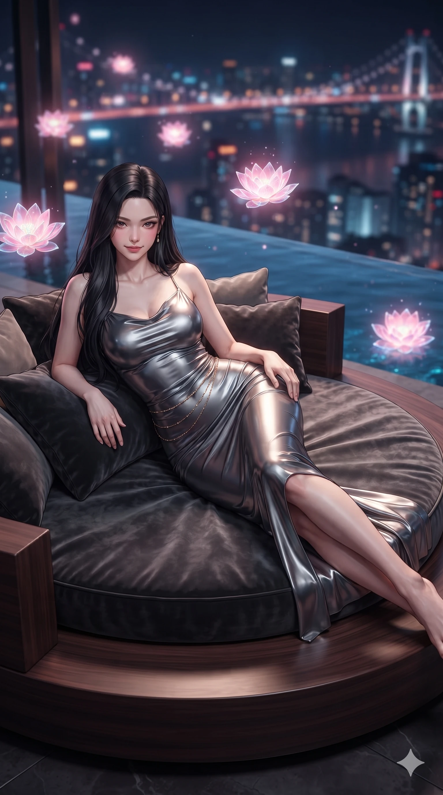score_9, masterpiece, best quality, ultra-detailed, high-budget anime keyframe, editorial fashion photography, tasteful artistic composition, Korean woman. close-up cowboy shot from the waist and thighs up, the character dominates the composition, filling the frame with her large presence. tilting her head with a teasing half-smile, running one hand slowly down the side of her hip in a flirtatious S-curve as ambient light caresses her silhouette while lounging gracefully across the circular daybed propped on one elbow with legs extended, displaying her long slender limbs and statuesque hourglass silhouette against the horizon. The background shows a soft-focus floating holographic pink lotuses, infinity pool edge dropping into the neon city abyss, and distant bridge lights blurred into rose, amber, and sapphire bokeh. She has an exceptionally elegant, slender, and willowy female figure with an ultra-slim waist, flat toned midriff, narrow ribcage, and sculpted feminine hips creating an alluring, slim hourglass silhouette without bulk. sharp v-shaped jawline, high-bridge nose, intricate jewel-like sparkling eyes with depth, thick eyelashes, glossy parted lips with a natural peach sheen, bright cheerful beaming smile with an enchanting and coquettish sensual glint, exuding both youthful cute charm and seductive allure, flawlessly proportioned anatomical accuracy, strict slender model proportions, natural body alignment, perfectly sculpted long slender limbs, ultra-slim waistline, clean dynamic posture without body distortion. wearing a form-fitting liquid mercury jersey evening dress clinging smoothly to her narrow waist and rounded hips in charcoal grey and polished chrome, woven from stretch metallic lurex jersey casting radiant starlight glints across her curves, accented with a dainty gold belly chain resting across her flat midriff and curving hips, the form-contouring silhouette accentuating her sculpted flat midriff, narrow delicate ribcage, and gracefully curvy hips with intoxicating allure. illuminated by water reflection bounce and sharp lotus-pink rim lights defining her jawline, narrow waist, and curvy hips. ultra-reflective glossy finish, specular highlights, rich textural contrasts, high-contrast stereoscopic depth, volumetric dynamic lighting, 2k, ultra detail, master piece, 9:16 ratio