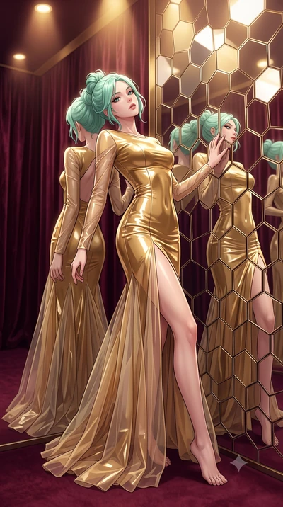 score_9, masterpiece, best quality, ultra-detailed, High-budget Anime Keyframe, East Asian woman. Dynamic full-body shot stretching the vertical silhouette to the limit. Scenario 302: leaning back against a wall of virtual mirrors in a velvet-lined d