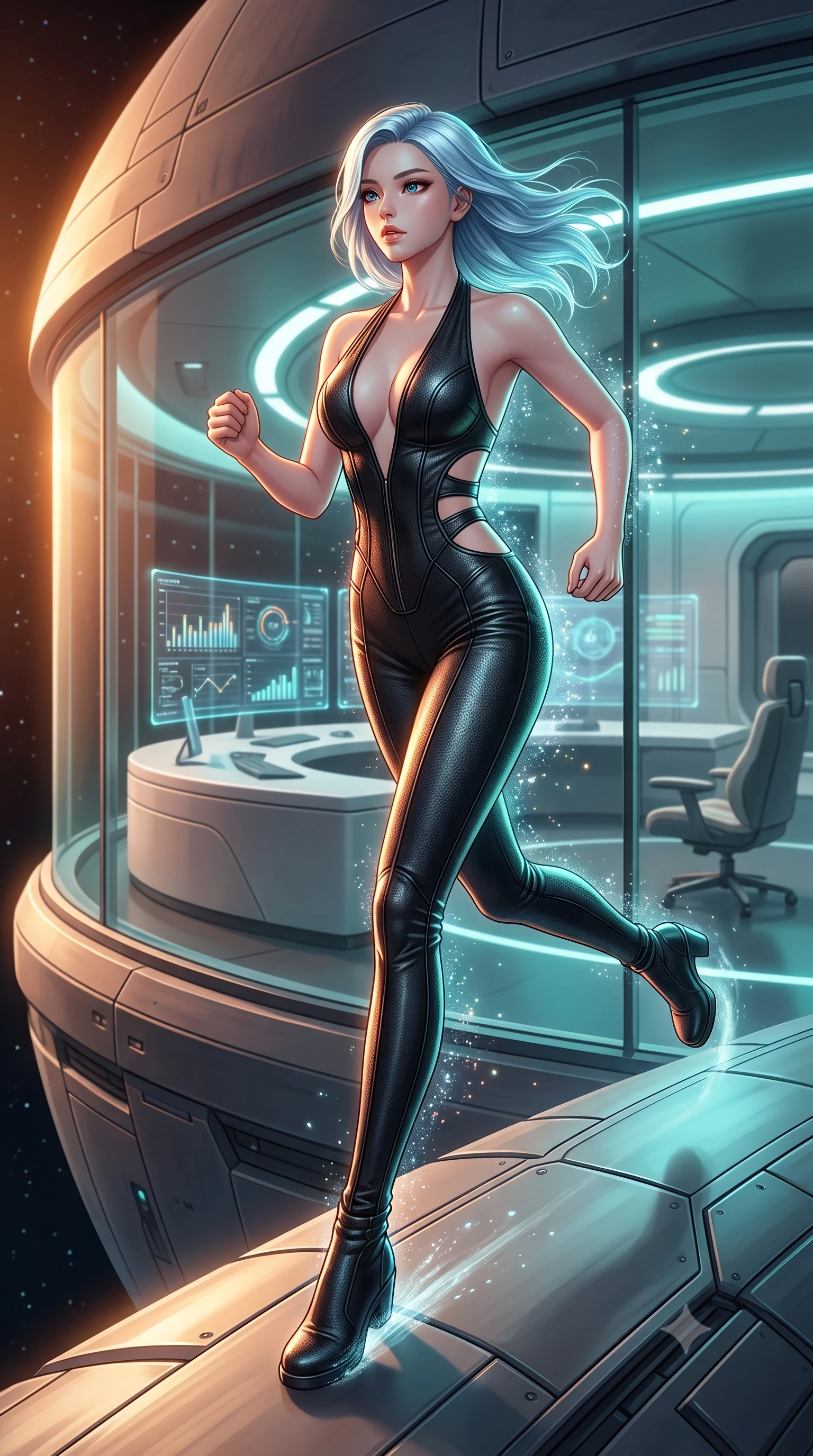 score_9, masterpiece, best quality, ultra-detailed, high-budget anime keyframe, editorial fashion photography, tasteful artistic composition, Korean woman. low angle full-body shot from head to toe showing her feet, filling the entire 9:16 vertical frame with her statuesque presence, stretching her vertical silhouette. running along the outer hull of a giant starship in zero gravity, magnetic boots clinging to a luxury office with floor-to-ceiling glass walls, sleek curved white desks, and holographic charts. She has a statuesque 8.5-heads proportion, an exceptionally tall, slender and willowy model-like build with impossibly long legs and a highly sculpted ultra-slim waist. sharp v-shaped jawline, high-bridge nose, intricate jewel-like eyes with depth, thick eyelashes, glossy lips with a natural sheen. wearing catching and diffusing the glowing particles, shimmering softly in response to the surrounding light, a body-hugging sleek cybernetic catsuit in black leather, featuring side cutouts along the ribcage and a plunging halter neck. highly saturated vibrant anime colors, intense vivid color palette, soft 3D volumetric shading, volumetric dynamic lighting, warm amber rim lighting combined with cool teal fill light creating dramatic contrast. 2k, ultra detail, master piece, 9:16 ratio