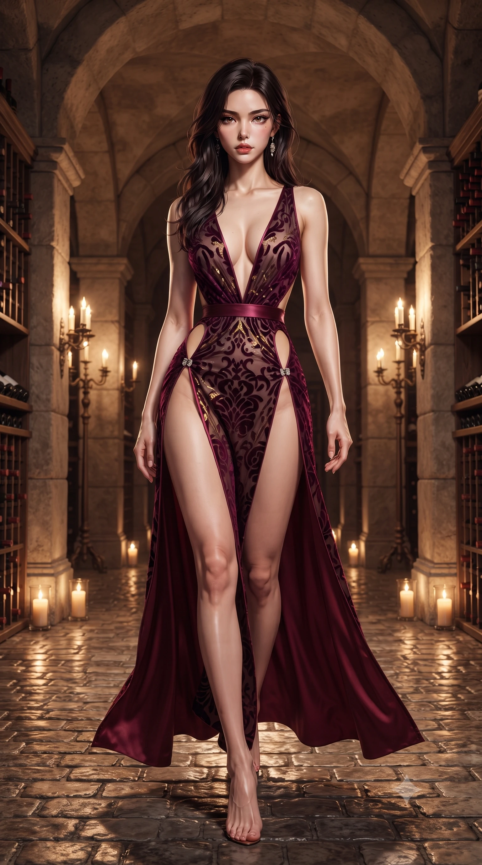 score_9, masterpiece, best quality, ultra-detailed, high-budget anime keyframe, editorial fashion photography, tasteful artistic composition, Korean woman. low angle full-body shot from head to toe showing her feet, filling the entire 9:16 vertical frame with her statuesque presence, stretching her vertical silhouette. striding forward in a proud supermodel runway stride, hips swaying in an alluring kinetic rhythm that accentuates her curvy hourglass silhouette while standing poised between towering limestone arches and dusty vintage wine racks, twisting her torso in a deep contrapposto stance to display her feminine hourglass curves. The surrounding environment is rendered in vivid detail and crisp panoramic clarity. detailed vintage wine label typography, crystal glass facets, and cobblestone floor reflections in high clarity. She has an absolutely perfect, statuesque 8.5-heads proportion, an exceptionally tall and slender model-like female figure with impossibly long slender legs, a toned flat midriff, an ultra-slim waist, and beautifully sculpted feminine hips. sharp v-shaped jawline, high-bridge nose, intricate jewel-like eyes with depth, thick eyelashes, glossy parted lips with a natural sheen, intensely captivating and seductive bedroom-eyes expression, flawlessly proportioned anatomical accuracy, strict slender model proportions, natural body alignment, perfectly sculpted long slender limbs, ultra-slim waistline, clean dynamic posture without body distortion. wearing a plunging-V neckline wine-red duchess satin gown with high side slits ascending to the high hip in royal plum violet and shimmering gold leaf, made of sheer contouring power-mesh with velvet flocking patterns, finished with an ultra-high side slit secured by miniature jeweled clasps, the dramatically scooped open back descending to the base of her spine, accentuating her razor-sharp statuesque lines and curvy hourglass silhouette. bathed in warm flickering candlelight from antique candelabras and soft amber floor uplights. ultra-reflective glossy finish, specular highlights, rich textural contrasts, high-contrast stereoscopic depth, volumetric dynamic lighting, 2k, ultra detail, master piece, 9:16 ratio