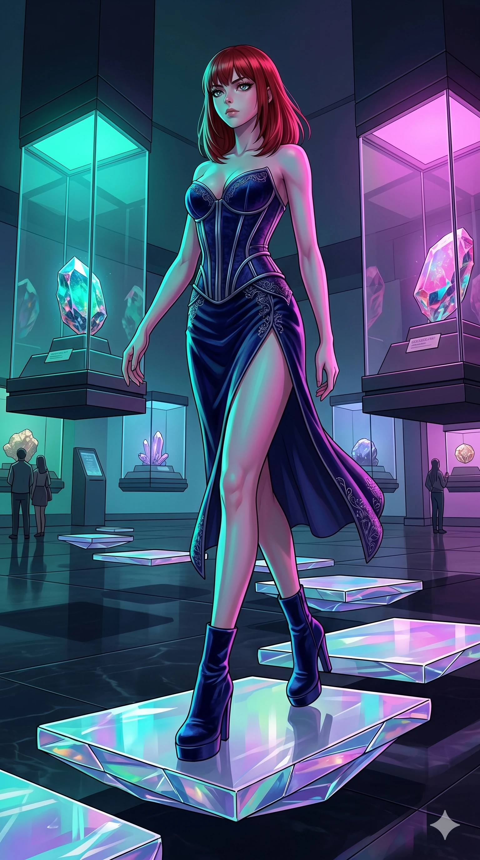 score_9, masterpiece, best quality, ultra-detailed, high-budget anime keyframe, editorial fashion photography, tasteful artistic composition, Caucasian woman, strictly human ears. low angle full-body shot from head to toe showing her feet, filling the entire 9:16 vertical frame with her statuesque presence, stretching her vertical silhouette. Stepping onto a floating platform, her body balanced perfectly as she moves between spaces within a mineral museum displaying rare glowing gemstones in glass cases. She has an absolutely perfect 8-heads proportion, an exceptionally tall and slender female figure with impossibly long slender legs and an ultra-slim waist. V-shaped jawline, high-bridge nose, intricate jewel-like eyes with depth, thick eyelashes, glossy lips with a natural sheen. wearing a structured velvet corset in deep indigo with metallic ribs, paired with a matching high-slit midi skirt. under intense neon teal and magenta split-lighting, creating vivid chromatic contrast on her figure. 2k, ultra detail, master piece, 9:16 ratio