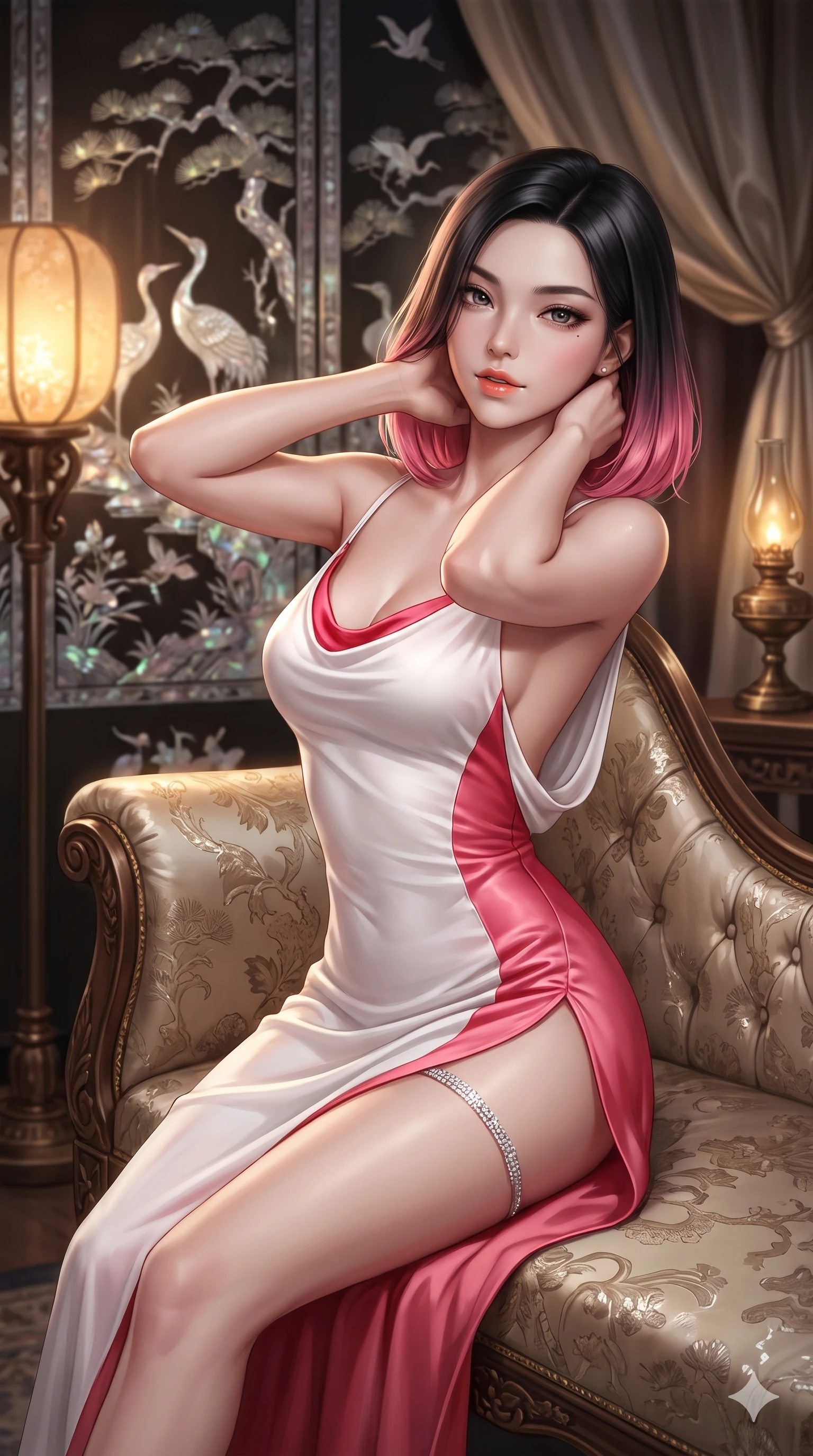 score_9, masterpiece, best quality, ultra-detailed, high-budget anime keyframe, editorial fashion photography, tasteful artistic composition, Korean woman. close-up cowboy shot from the waist and thighs up, the character dominates the composition, filling the frame with her large presence. resting both hands lightly behind her neck with elbows raised, arching her spine to highlight her narrow waist, flat midriff, and breathtaking collarbones while reclining gracefully on an antique silk chaise lounge with legs extended, propped on one elbow with parted glossy lips. The background shows a soft-focus glistening mother-of-pearl cranes and pine inlay patterns, bronze floor lamps, and silk drapes blurred into iridescent pearl, amber, and obsidian bokeh. She has an exceptionally elegant, slender, and willowy female figure with an ultra-slim waist, flat toned midriff, narrow ribcage, and sculpted feminine hips creating an alluring, slim hourglass silhouette without bulk. sharp v-shaped jawline, high-bridge nose, sparkling eyes with hypnotic seductive depth, thick curled eyelashes, glossy parted lips with a natural dewy peach sheen, alluring bedroom-eyes with an enchanting coquettish smile, exuding magnetic siren charisma and sophisticated glamour, flawlessly proportioned anatomical accuracy, strict slender model proportions, natural body alignment, perfectly sculpted long slender limbs, ultra-slim waistline, clean dynamic posture without body distortion. wearing a form-contouring gossamer silk chiffon slip dress with hip-high slit and open cowl back clinging with evening mist in pure snow white and vivid cherry blossom crimson, made of supple butter-soft lambskin leather with a subtle satin sheen, accented with a delicate crystal-encrusted thigh garter strap glinting under the lights, the liquid-tight tailored fabric clinging flawlessly to her narrow waist and rounded feminine hips, emphasizing every millimeter of her sculpted slim hourglass curves without any bulky heaviness. bathed in soft moody amber chiaroscuro lighting spilling from ornate bronze oil lamps. ultra-reflective glossy finish, specular highlights, rich textural contrasts, high-contrast stereoscopic depth, volumetric dynamic lighting, 2k, ultra detail, master piece, 9:16 ratio