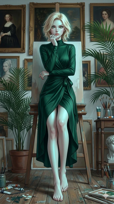 score_9, masterpiece, best quality, ultra-detailed, high-budget anime keyframe, editorial fashion photography, tasteful artistic composition, Caucasian woman, strictly human ears. low angle full-body shot from head to toe showing her feet, filling th