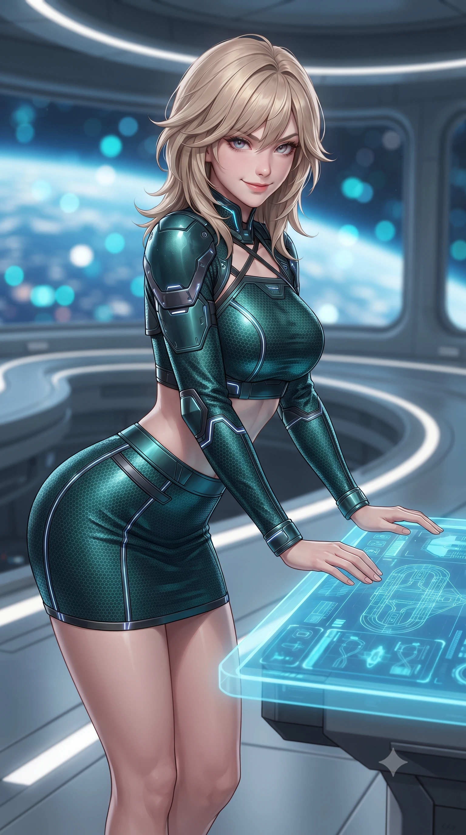 score_9, masterpiece, best quality, ultra-detailed, high-budget anime keyframe, editorial fashion photography, tasteful artistic composition, Japanese woman. close-up cowboy shot from the waist and thighs up, the character dominates the composition, filling the frame with her large presence. resting both hands lightly on the holoscreen pedestal while leaning toward the lens with a teasing smirk, her tight combat suit hugging her narrow waist and feminine hip curve while posing in an alluring mid-air contrapposto twist with hips cocked back, looking toward the viewer with an intoxicating, playful smile. The background shows a soft-focus curving centrifugal training tracks and panoramic outer windows revealing the blue Earth blurred into azure, cloud white, and neon cyan bokeh. She has an exceptionally elegant, slender, and willowy female figure with an ultra-slim waist, flat toned midriff, narrow ribcage, and sculpted feminine hips creating an alluring, slim hourglass silhouette without bulk. sharp v-shaped jawline, high-bridge nose, intricate jewel-like sparkling eyes with depth, thick eyelashes, glossy parted lips with a natural sheen, bright confident smile with an enchanting and coquettish sensual glint, exuding both youthful magnetic charm and sovereign high-tech allure, flawlessly proportioned anatomical accuracy, strict slender model proportions, natural body alignment, perfectly sculpted long slender limbs, ultra-slim waistline, clean dynamic posture without body distortion. wearing a modern mecha-suit two-piece set featuring a cropped armored bolero top and micro tactical skirt with chrome rings in dark emerald teal and ultraviolet glow lines, woven from delicate semi-opaque high-tensile nano-mesh with intricate hexagonal micro-patterns, finished with criss-cross Kevlar tactical straps tracing her graceful shoulder blades, the form-fitting tactical tailoring adhering flawlessly to her sculpted flat midriff and slender torso, emphasizing her long leg lines and perfectly proportioned willowy build. illuminated by floor LED guides and sharp platinum rim lights defining her razor-sharp jawline, narrow waist, and curvy hips. ultra-reflective glossy finish, specular highlights, rich textural contrasts, high-contrast stereoscopic depth, volumetric dynamic lighting, 2k, ultra detail, master piece, 9:16 ratio