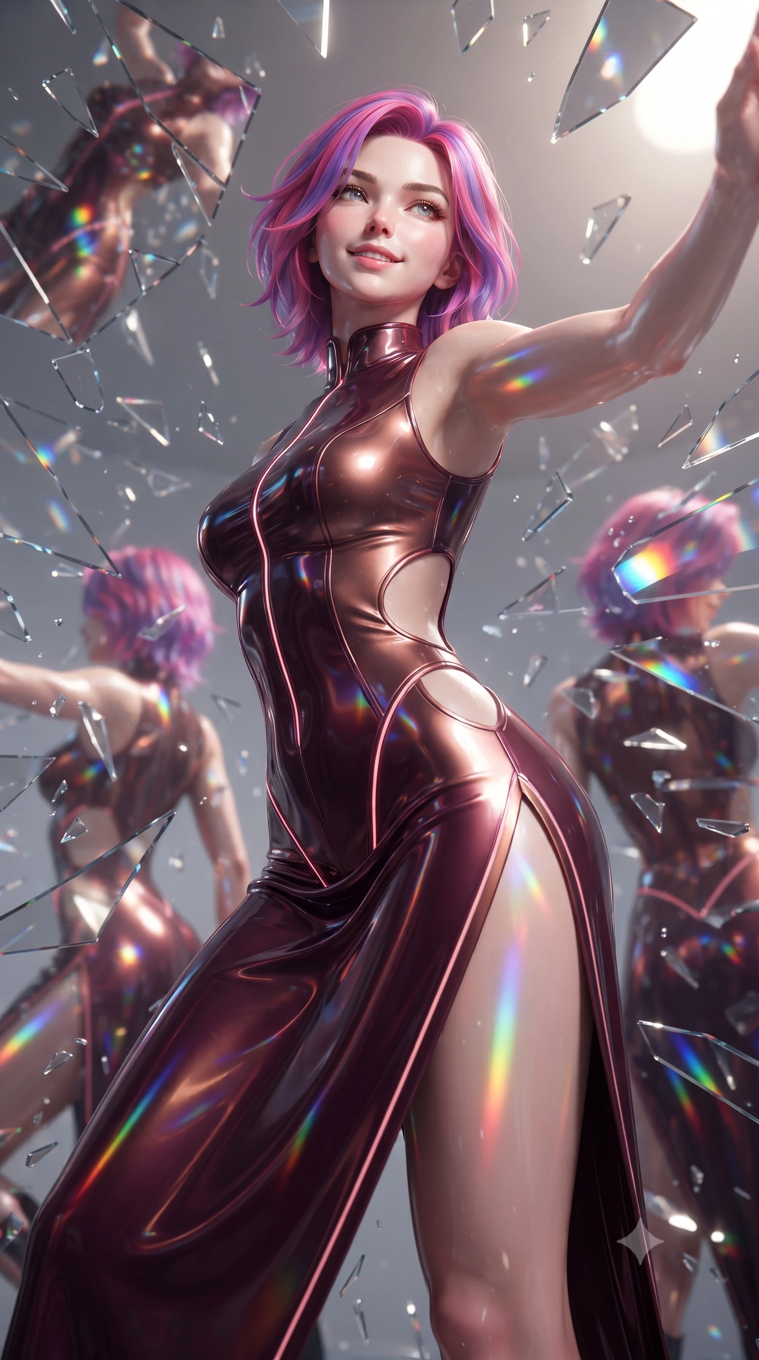 score_9, masterpiece, best quality, ultra-detailed, high-budget anime keyframe, editorial fashion photography, tasteful artistic composition, Caucasian woman. close-up cowboy shot from the waist and thighs up, the character dominates the composition, filling the frame with her large presence, background elements kept in soft focus. Extending one arm in an elegant stretch toward the light while smiling with magnetic self-assurance while poised in a dynamic low-angle stance as shattered mirror shards freeze around her, multiple mirror reflections capturing her statuesque form from dramatic angles. She has an exceptionally elegant, slender, and willowy female figure with an ultra-slim waist, a gracefully sculpted slender torso, and a refined silhouette. sharp v-shaped jawline, high-bridge nose, intricate jewel-like eyes with depth, thick eyelashes, glossy lips with a natural sheen, flawlessly proportioned anatomical accuracy, natural body alignment, perfectly sculpted elegant limbs, clean dynamic posture without body distortion. wearing a skin-tight cybernetic bodysuit with glowing neon seams and side cutouts in deep burgundy and bronze, tailored from high-gloss patent leather, finished with a sleek side slit ascending to mid-thigh, the tailored fabric tightly following every curve of her athletic build. bathed in brilliant multi-color rainbow light refracting through mirror fragments. ultra-reflective glossy finish, specular highlights, metallic sheen, high-contrast stereoscopic depth, volumetric dynamic lighting, 2k, ultra detail, master piece, 9:16 ratio