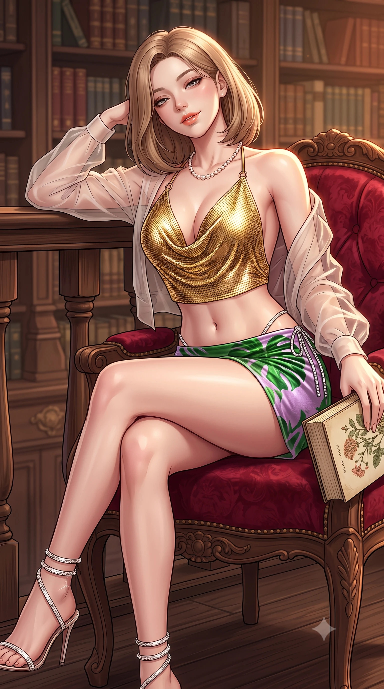 score_9, masterpiece, best quality, ultra-detailed, high-budget anime keyframe, semi-realistic 3D game render, editorial fashion photography, tasteful artistic composition, Korean woman. close-up cowboy shot from the waist and thighs up, the character dominates the composition, filling the frame with her large presence. leaning back against the balustrade with relaxed seductive grace, head tilted back slightly while casting a hypnotic, heavy-lidded gaze while perched sideways on an antique velvet armchair with legs crossed, holding a botanical illustration book with effortless intellectual allure. The surrounding environment is rendered in vivid detail and crisp panoramic clarity: detailed sheer organza blouse drape, dainty pearl necklace shine, and historical library furnishings in high resolution. She has an exceptionally elegant, slender, and willowy female figure with an ultra-slim waist, flat toned midriff, narrow ribcage, and sculpted feminine hips creating an alluring, slim hourglass silhouette without bulk. sharp v-shaped jawline, high-bridge nose, sparkling eyes with hypnotic seductive depth, thick curled eyelashes, glossy parted lips with a natural dewy peach sheen, alluring bedroom-eyes with an enchanting coquettish smile, exuding magnetic siren charisma and sophisticated glamour, flawlessly proportioned anatomical accuracy, strict slender model proportions, natural body alignment, perfectly sculpted long slender limbs, ultra-slim waistline, clean dynamic posture without body distortion. wearing a plunging cowl-neck liquid gold chainmail halter top paired with an ultra-low-rise velvet mini skirt and side rhinestone ties in vibrant jungle monstera green and dewy orchid lavender, woven from buttery-soft stretch lambskin leather adhering to her body like a second skin, complemented by strappy stiletto sandals with crystal ankle wraps accentuating her slender calves, the precision-cut side openings and low-back scoop framing her graceful spine and the sensual sweep of her slim, toned hips. illuminated by parchment reflection fill and sharp warm-amber rim lights defining her delicate clavicles, narrow waist, and curvy hips. highly saturated vibrant anime colors, detailed shading with soft gradients, rich glossy textures, high-contrast stereoscopic depth, volumetric dynamic lighting, master piece, 9:16 ratio