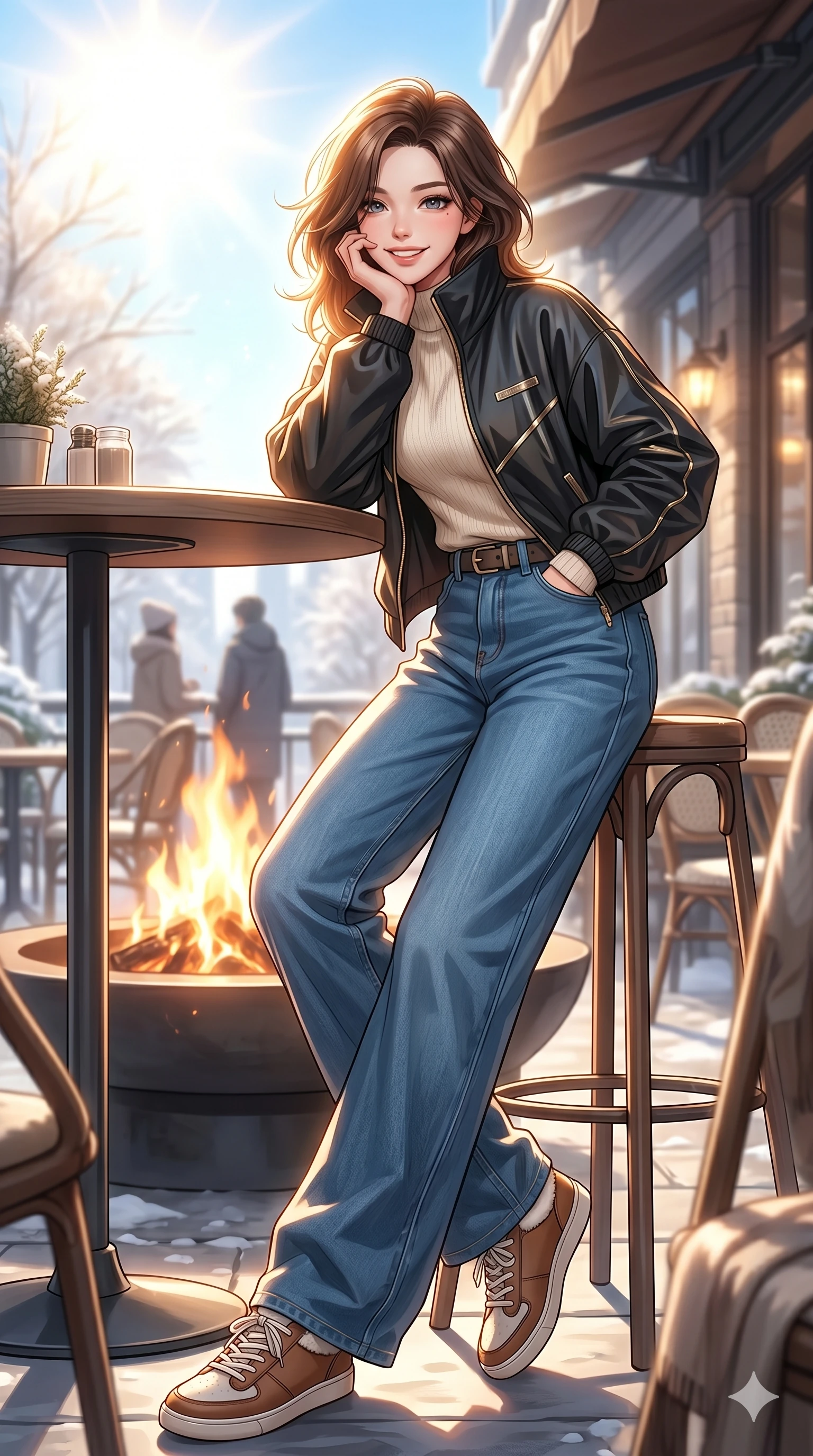 score_9, masterpiece, best quality, ultra-detailed, high-budget anime keyframe, vibrant anime aesthetic, Korean woman. low angle full-body shot from head to toe showing her feet, filling the entire 9:16 vertical frame with her statuesque presence, stretching her vertical silhouette. She is posing with a lively, charming smile, resting her chin on her hand playfully by a cozy outdoor café terrace with a blazing fire pit under a brilliant winter sun (Code-P21-009). She has an absolutely perfect 8-heads proportion, an exceptionally tall and slender female figure with impossibly long slender legs and an ultra-slim waist. V-shaped jawline, high-bridge nose, intricate jewel-like eyes with depth, thick eyelashes, glossy lips with a natural sheen. wearing a high-fashion windbreaker over a knit top and wide-leg denim. She is drenched in brilliant midday winter sunbeams, casting a radiant halo around her hair. 2k, ultra detail, master piece, 9:16 ratio