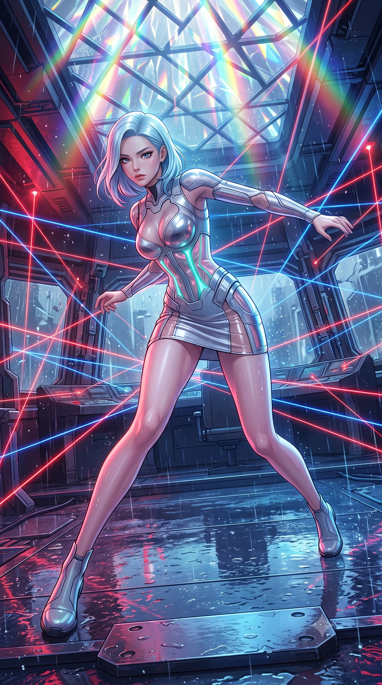 score_9, masterpiece, best quality, ultra-detailed, high-budget anime keyframe, editorial fashion photography, tasteful artistic composition, Korean woman. low angle full-body shot from head to toe showing her feet, filling the entire 9:16 vertical frame with her statuesque presence, stretching her vertical silhouette. dashing through rain-slicked cyberpunk alleyways, dodging laser tripwires with fluid agility through the bridge of a command ship where the windows have been reinforced by emergency steel blast shields. She has a statuesque 8.5-heads proportion, an exceptionally tall, slender and willowy model-like build with impossibly long legs and a highly sculpted ultra-slim waist. sharp v-shaped jawline, high-bridge nose, intricate jewel-like eyes with depth, thick eyelashes, glossy lips with a natural sheen. wearing tailored for maximum mobility, sleek form-contouring panels that allow fluid movement, a body-hugging transparent liquid-mercury mini dress with a visible neon corset interior structure, showing her slender waist. highly saturated vibrant anime colors, intense vivid color palette, soft 3D volumetric shading, volumetric dynamic lighting, cascading rainbow prismatic light refracting through crystal formations overhead. 2k, ultra detail, master piece, 9:16 ratio