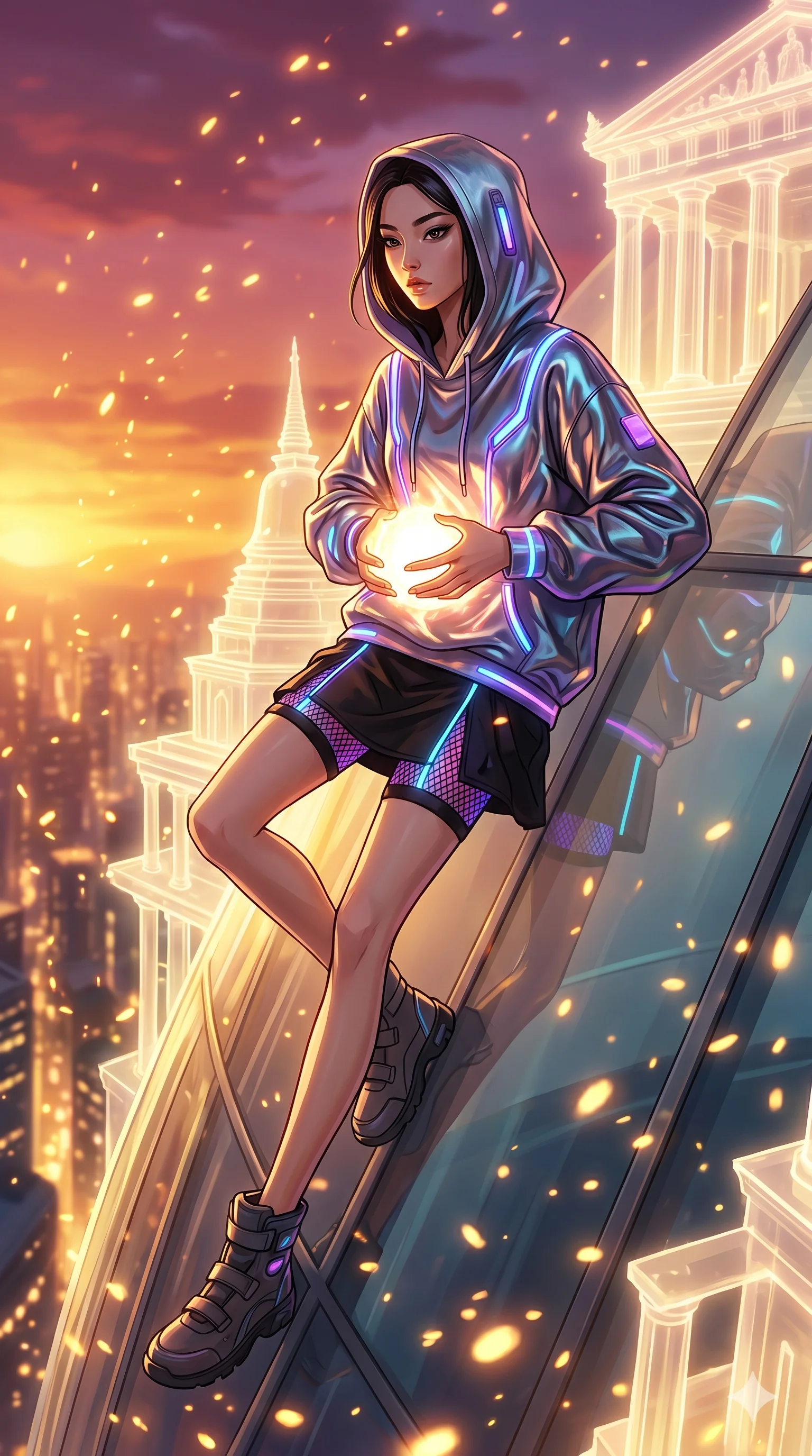 score_9, masterpiece, best quality, ultra-detailed, Set A: High-budget Anime Keyframe, Korean woman. Low angle cowboy shot filling the entire 9:16 frame with her statuesque presence. Theme: Ethereal Dream. sliding down a glass skyscraper in a temple made of solid light, holding a glowing core that hums with the power of 192 suns. The atmosphere is filled with golden hour with floating embers. She has an absolutely perfect 8-heads proportion, an exceptionally tall and slender female figure with impossibly long slender legs and an ultra-slim waist. Sharp v-shaped jawline, high-bridge nose, intricate jewel-like eyes with depth, glossy lips. Wearing Cyber-rebel hoodie made of liquid-metal fabric with a neon-lit mesh skirt. Cinematic lighting, vivid colors, dramatic shadows, 2k, ultra detail, master piece, 9:16 ratio