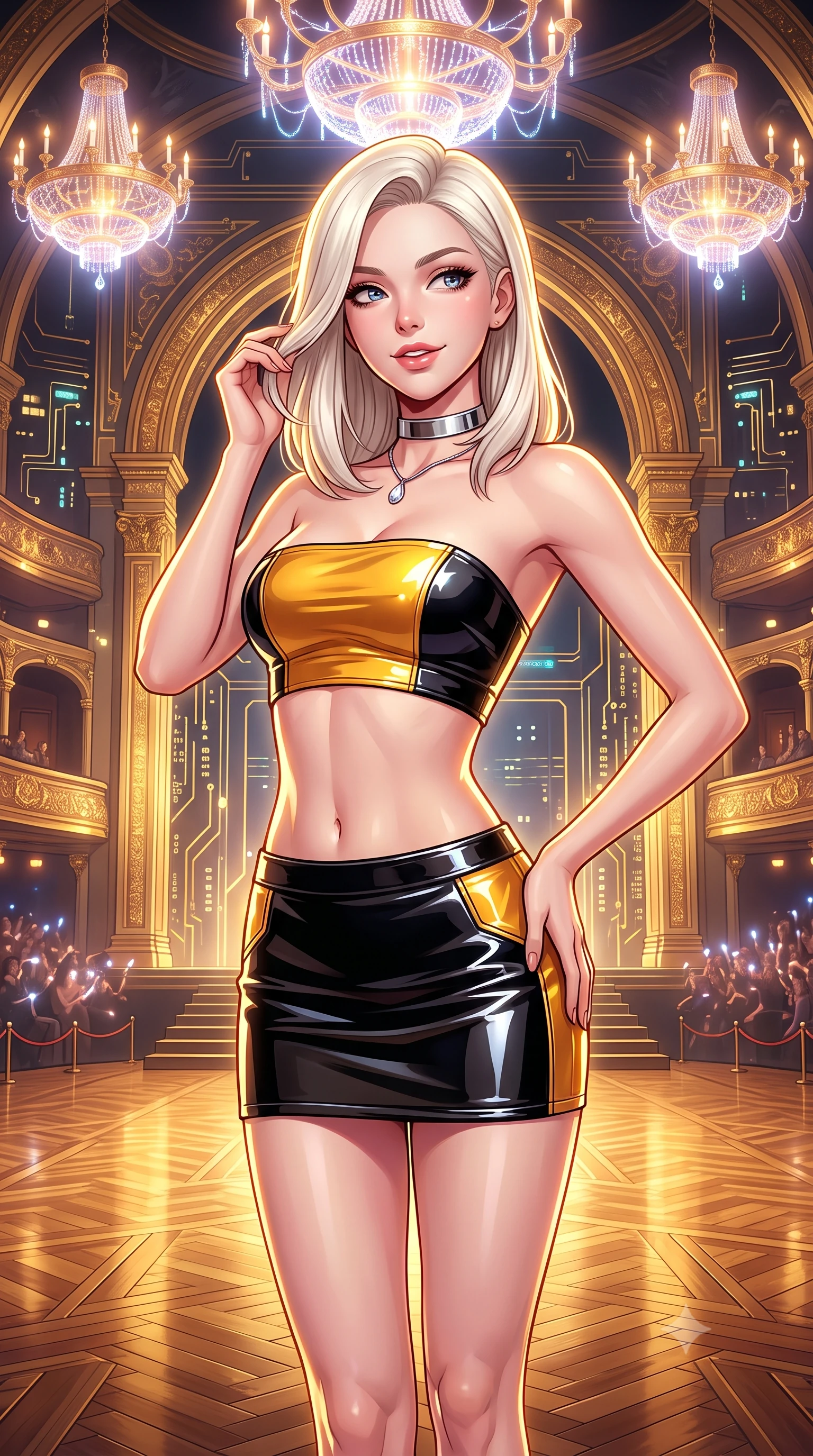 score_9, masterpiece, best quality, ultra-detailed, high-budget anime keyframe, semi-realistic 3D game render, editorial fashion photography, tasteful artistic composition, Caucasian woman. close-up cowboy shot from the waist and thighs up, the character dominates the composition, filling the frame with her large presence. gently brushing a lock of hair behind her ear while casting a playful, flirtatious side-gaze with long eyelashes while standing poised at the center of the gilded cyber-baroque opera stage beneath levitating plasma chandeliers, arching her lower back with sovereign diva charisma. The surrounding environment is rendered in vivid detail and crisp panoramic clarity: detailed anime keyframe lines, rich fabric textures, and monumental cyber-baroque architecture in razor-sharp precision. She has an exceptionally elegant, slender, and willowy female figure with an ultra-slim waist, flat toned midriff, narrow ribcage, and sculpted feminine hips creating an alluring, slim hourglass silhouette without bulk. sharp v-shaped jawline, high-bridge nose, intricate jewel-like sparkling eyes with depth, thick eyelashes, glossy parted lips with a natural peach sheen, bright cheerful beaming smile with an enchanting and coquettish sensual glint, exuding both youthful cute charm and seductive allure, flawlessly proportioned anatomical accuracy, strict slender model proportions, natural body alignment, perfectly sculpted long slender limbs, ultra-slim waistline, clean dynamic posture without body distortion. wearing an ultra-cropped tech-wear bandeau top paired with a micro mini skirt revealing her flat toned midriff in solar-flare gold and interstellar onyx, tailored from high-gloss patent leather with mirror-like specular highlights, finished with a minimalist chrome choker and a single teardrop diamond pendant, the bespoke structured tailoring following the natural line of her 8.5-heads silhouette with refined elegance. illuminated by polished parquet reflection bounce and sharp gold-plasma rim lights sculpting her jawline, narrow waist, and curvy hips. highly saturated vibrant anime colors, detailed shading with soft gradients, rich glossy textures, high-contrast stereoscopic depth, volumetric dynamic lighting, master piece, 9:16 ratio