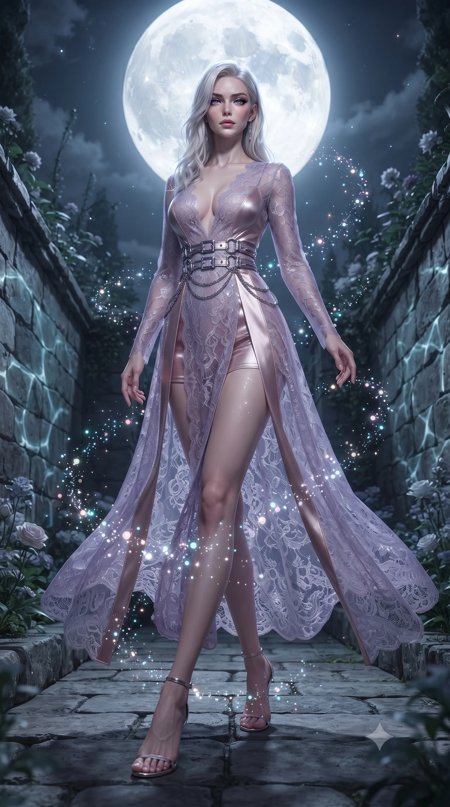 score_9, masterpiece, best quality, ultra-detailed, high-budget anime keyframe, editorial fashion photography, tasteful artistic composition, Caucasian woman. low angle full-body shot from head to toe showing her feet, filling the entire 9:16 vertical frame with her statuesque presence, stretching her vertical silhouette. interacting with floating opal particles, her long slender legs poised in motion, walking through a shadowy garden filled with glowing opal lotus vines under a full moon, translucent water reflections dancing gently on garden stone walls. She has an absolutely perfect, statuesque 8.5-heads proportion, an exceptionally tall and slender model-like female figure with impossibly long slender legs and an ultra-slim waist. sharp v-shaped jawline, high-bridge nose, intricate jewel-like eyes with depth, thick eyelashes, glossy lips with a natural sheen. wearing gothic nebula sheer lavender lace gown with plunging neckline in radiant platinum, made of soft rose-gold satin, framed by polished silver buckles and delicate chain details, the fitted fabric emphasizing her ultra-slim waist. bathed in cold silver moonlight with subtle turquoise rim highlights. ultra-reflective glossy finish, specular highlights, metallic sheen, high-contrast stereoscopic depth, volumetric dynamic lighting, 2k, ultra detail, master piece, 9:16 ratio