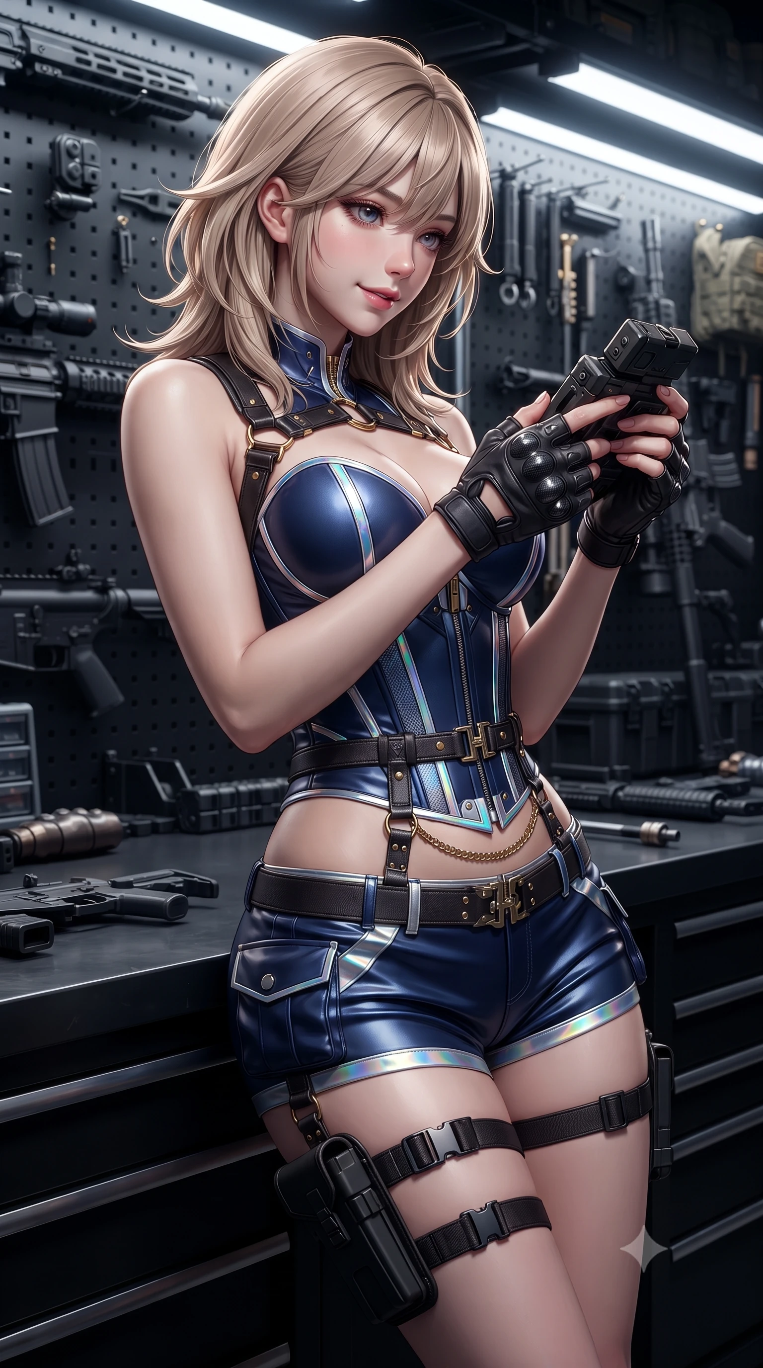 score_9, masterpiece, best quality, ultra-detailed, high-budget anime keyframe, editorial fashion photography, tasteful artistic composition, Japanese woman. close-up cowboy shot from the waist and thighs up, the character dominates the composition, filling the frame with her large presence. tilting her head with a teasing half-smile, running one hand slowly down the side of her hip in a flirtatious S-curve as ambient light caresses her silhouette while leaning against the black steel workbench while arching her lower back to accentuate her curvy hips, inspecting a precision tactical device. The surrounding environment is rendered in vivid detail and crisp panoramic clarity: detailed leather harness stitching, gold waist chain gleam, and professional armory setup in high resolution. She has an exceptionally elegant, slender, and willowy female figure with an ultra-slim waist, flat toned midriff, narrow ribcage, and sculpted feminine hips creating an alluring, slim hourglass silhouette without bulk. sharp v-shaped jawline, high-bridge nose, sparkling eyes with hypnotic seductive depth, thick curled eyelashes, glossy parted lips with a natural dewy peach sheen, alluring bedroom-eyes with an enchanting coquettish smile, exuding magnetic siren charisma and sophisticated glamour, flawlessly proportioned anatomical accuracy, strict slender model proportions, natural body alignment, perfectly sculpted long slender limbs, ultra-slim waistline, clean dynamic posture without body distortion. wearing a structured boned tactical leatherette corset bodice paired with low-rise cargo hot-pants and thigh holster straps in deep sapphire navy and metallic silver with holographic trims, crafted from fluid liquid silk satin that clings smoothly to every curve with a dewy sheen, finished with fingerless matte leather tactical driving gloves with reinforced knuckles, the form-contouring silhouette accentuating her sculpted flat midriff, narrow delicate ribcage, and gracefully curvy hips with intoxicating allure. illuminated by polished steel tabletop bounce and sharp platinum rim lights defining her razor-sharp jawline, narrow waist, and curvy hips. ultra-reflective glossy finish, specular highlights, rich textural contrasts, high-contrast stereoscopic depth, volumetric dynamic lighting, 2k, ultra detail, master piece, 9:16 ratio
