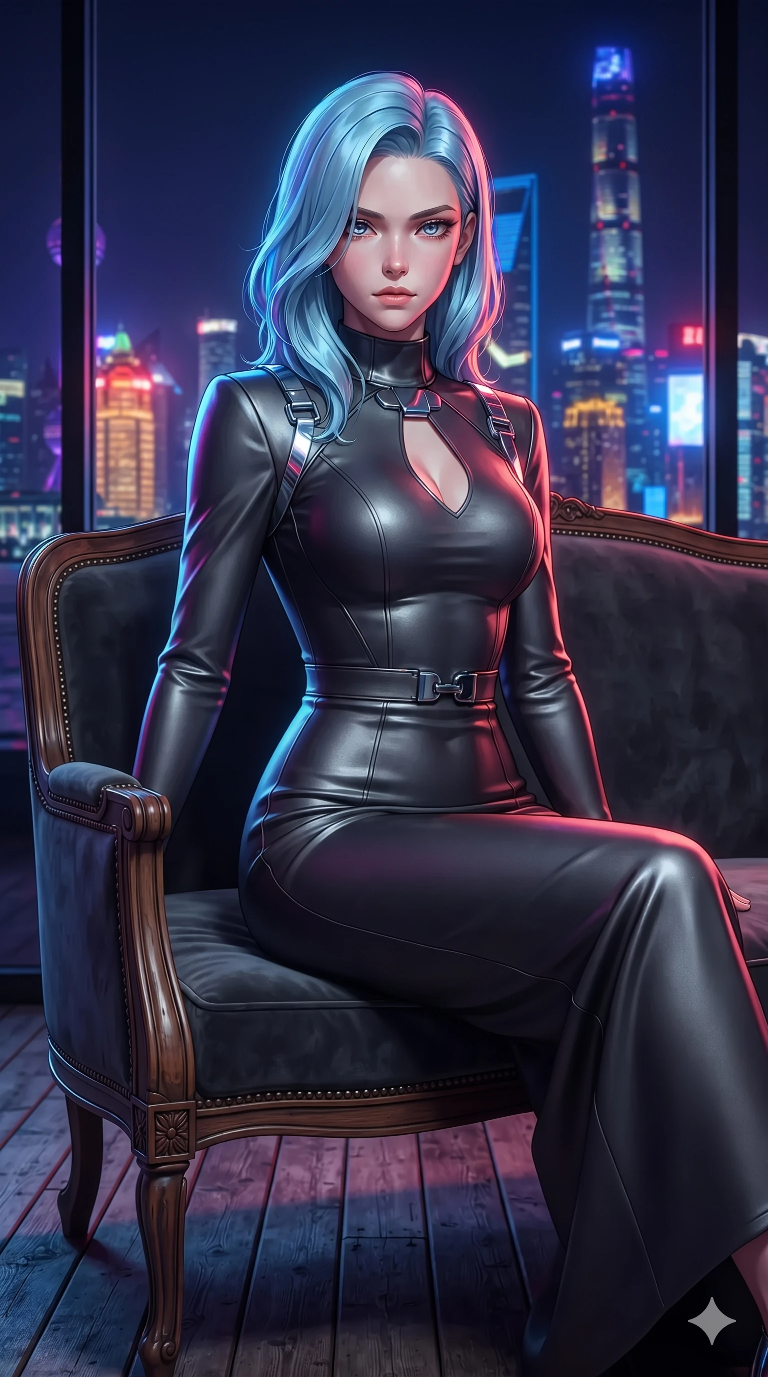 score_9, masterpiece, best quality, ultra-detailed, high-budget anime keyframe, editorial fashion photography, tasteful artistic composition, Korean woman. close-up cowboy shot from the waist and thighs up, the character dominates the composition, filling the frame with her large presence. perched sideways on the vintage settee, one knee drawn up to showcase her slender leg line while her arched back accentuates her feminine hip curve while arching her spine backward with effortless dancer poise, one hand sliding along her hip line as vibrant Pudong neon neon washes across her silhouette. The surrounding environment is rendered in vivid detail and crisp panoramic clarity: sharp teak deck caulking seams, sleek brass railing rivets, and crisp neon skyline architecture in deep focus. She has an exceptionally elegant, slender, and willowy female figure with an ultra-slim waist, flat toned midriff, narrow ribcage, and sculpted feminine hips creating an alluring, slim hourglass silhouette without bulk. sharp v-shaped jawline, high-bridge nose, intricate jewel-like sparkling eyes with depth, thick eyelashes, glossy parted lips with a natural sheen, intensely captivating and seductive bedroom-eyes expression, exuding both youthful cute charm and sovereign luxury allure, flawlessly proportioned anatomical accuracy, strict slender model proportions, natural body alignment, perfectly sculpted long slender limbs, ultra-slim waistline, clean dynamic posture without body distortion. wearing a form-fitting liquid mercury jersey evening dress clinging smoothly to her narrow waist and rounded hips in charcoal grey and polished chrome, tailored from heavy double-faced silk georgette with an exceptionally fluid drape, accented with a delicate gold chain belt resting loosely on her curvy hips, the bespoke structured tailoring following the natural line of her 8.5-heads silhouette with refined elegance. illuminated by terrace deck bounce and sharp neon-cyan rim lights sculpting her razor-sharp jawline, narrow waist, and curvy hips. ultra-reflective glossy finish, specular highlights, rich textural contrasts, high-contrast stereoscopic depth, volumetric dynamic lighting, 2k, ultra detail, master piece, 9:16 ratio