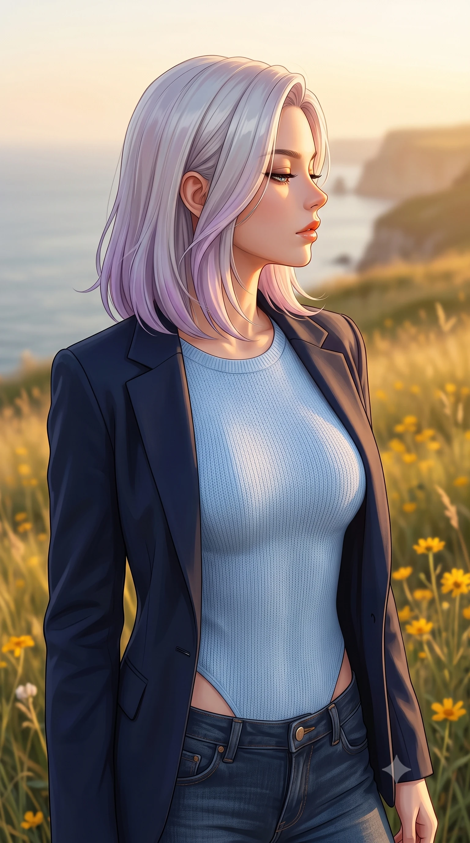score_9, masterpiece, best quality, ultra-detailed, high-budget anime keyframe, editorial fashion photography, tasteful artistic composition, Caucasian woman woman. close-up cowboy shot from the waist and thighs up, the character dominates the composition, filling the frame with her large presence, background elements kept in soft focus. turning her face in profile to catch the warm sunlight on her cheek, eyes softly closed the background shows a soft-focus a grassy field of wild yellow flowers on a cliff overlooking the ocean. She has an exceptionally elegant, slender, and willowy female figure with an ultra-slim waist, a gracefully sculpted slender torso, and a refined silhouette. sharp v-shaped jawline, high-bridge nose, intricate jewel-like eyes with depth, thick eyelashes, glossy lips with a natural sheen. wearing a form-contouring tight-fitting baby blue knit bodysuit worn under a tailored open blazer and jeans. soft golden afternoon light wrapping the landscape in warmth. 2k, ultra detail, master piece, 9:16 ratio