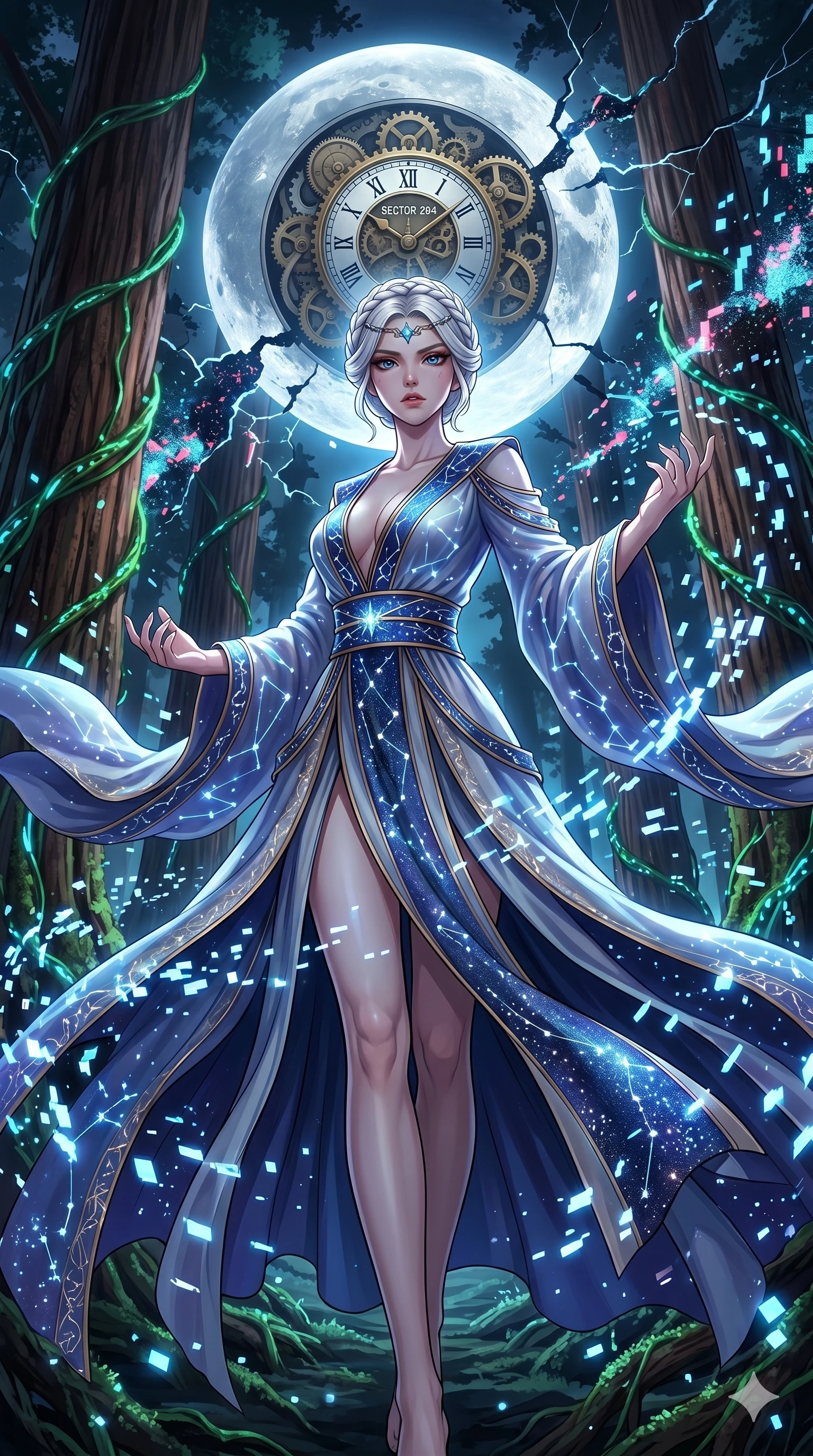 score_9, masterpiece, best quality, ultra-detailed, Set A: High-budget Anime Keyframe, Japanese woman. Low angle cowboy shot filling the entire 9:16 frame with her statuesque presence. Theme: Primal Nature. shattering the fabric of reality in a giant redwood forest with glowing vines, with a massive clockwork moon ticking behind her as sector 204. The atmosphere is filled with a blizzard of digital pixels. She has an absolutely perfect 8-heads proportion, an exceptionally tall and slender female figure with impossibly long slender legs and an ultra-slim waist. Sharp v-shaped jawline, high-bridge nose, intricate jewel-like eyes with depth, glossy lips. Wearing Celestial silk robe with glowing star-map embroidery and a deep-plunging neckline. Cinematic lighting, vivid colors, dramatic shadows, 2k, ultra detail, master piece, 9:16 ratio