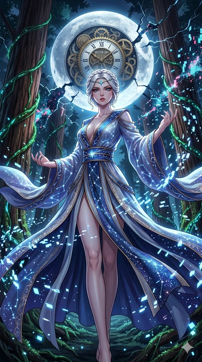 score_9, masterpiece, best quality, ultra-detailed, Set A: High-budget Anime Keyframe, Japanese woman. Low angle cowboy shot filling the entire 9:16 frame with her statuesque presence. Theme: Primal Nature. shattering the fabric of reality in a giant