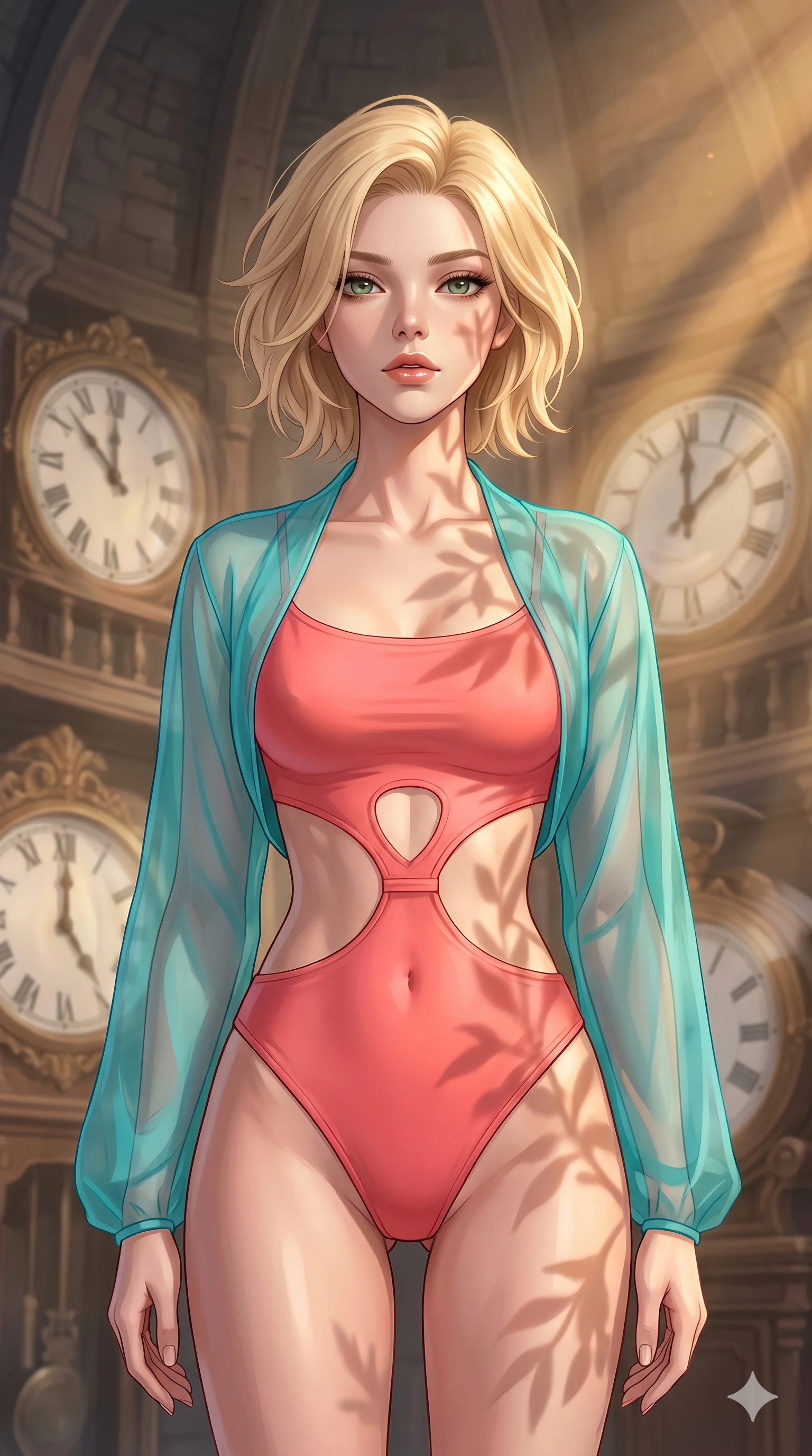 score_9, masterpiece, best quality, ultra-detailed, high-budget anime keyframe, editorial fashion photography, tasteful artistic composition, Caucasian woman, strictly human ears. close-up cowboy shot from the waist and thighs up, the character dominates the composition, filling the frame with her large presence, background elements kept in soft focus. Tilting her chin up slightly with lips parted in a composed expression. set against a soft-focus background of inside a tower where time flows at different rates on each level massive ornate clocks running at visibly different speeds with temporal distortion creating ghostly motion-blur halos around objects caught between time streams. She has an exceptionally elegant and slender, willowy female figure with an ultra-slim waist, a gracefully sculpted slender torso, and a refined slim physique. sharp v-shaped jawline, high-bridge nose, intricate jewel-like eyes with depth, thick eyelashes, glossy lips with a natural sheen. wearing a vibrant coral pink bodysuit with a dramatic open-waist cutout, layered with a sheer turquoise organza wrap shrug. warm golden afternoon sunbeams casting soft organic leaf shadows across her skin. 2k, ultra detail, master piece, 9:16 ratio