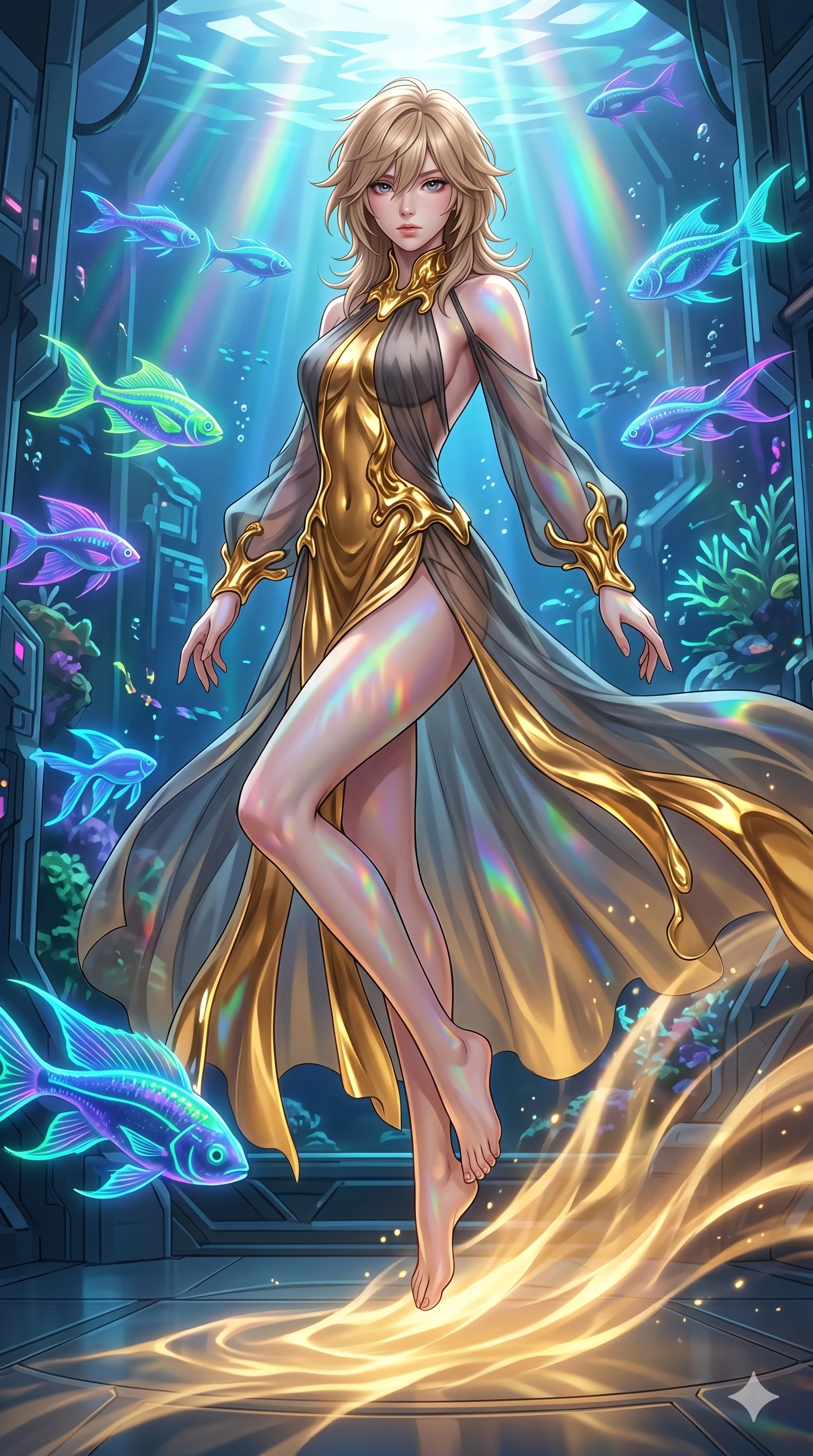 score_9, masterpiece, best quality, ultra-detailed, high-budget anime keyframe, editorial fashion photography, tasteful artistic composition, Japanese woman. low angle full-body shot from head to toe showing her feet, filling the entire 9:16 vertical frame with her statuesque presence, stretching her vertical silhouette. leaping upwards into in a cybernetic aquarium with bioluminescent cyber-fish swimming in neon water as waves of warm golden light ripple outward from her steps. She has an absolutely perfect 8-heads proportion, an exceptionally tall and slender female figure with impossibly long slender legs and an ultra-slim waist. V-shaped jawline, high-bridge nose, intricate jewel-like eyes with depth, thick eyelashes, glossy lips with a natural sheen.. wearing a molten gold and chiffon gown, featuring organic liquid gold collar and cuffs on a translucent charcoal-gray halter neck chiffon gown with a open-back architectural design. illuminated by an ethereal prismatic light source that casts rainbow patterns on her skin and clothing. 2k, ultra detail, master piece, 9:16 ratio