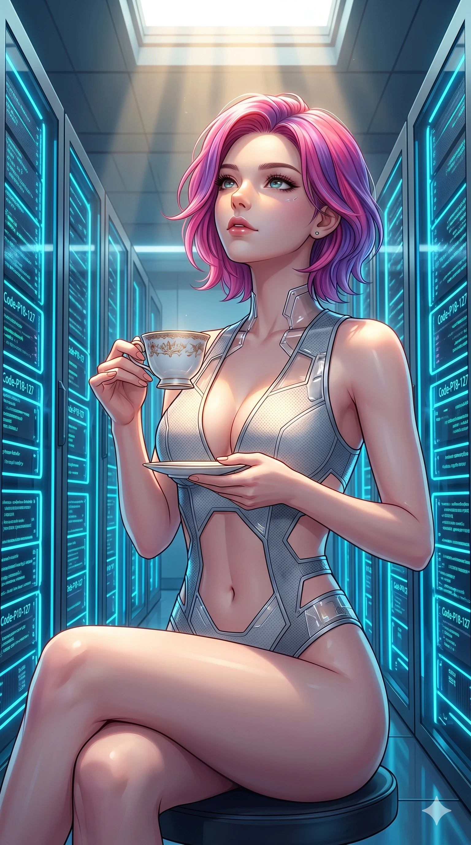 score_9, masterpiece, best quality, ultra-detailed, high-budget anime keyframe, editorial fashion photography, tasteful artistic composition, Caucasian woman, strictly human ears. cowboy shot from the thighs up, character and outfit filling the frame for maximum editorial presence. resting her fingers on a porcelain tea cup, looking up with a gentle gaze inside a digital server room with rows of pulsing neon blue light lines (Code-P18-127). She has an absolutely perfect 8-heads proportion, an exceptionally tall and slender female figure with impossibly long slender legs and an ultra-slim waist. V-shaped jawline, high-bridge nose, intricate jewel-like eyes with depth, thick eyelashes, glossy lips with a natural sheen. wearing a cybernetic bodysuit with exposed midriff and plunging neck. soft morning sunbeams filtering through the skylight, highlighting her high-bridge nose. 2k, ultra detail, master piece, 9:16 ratio
