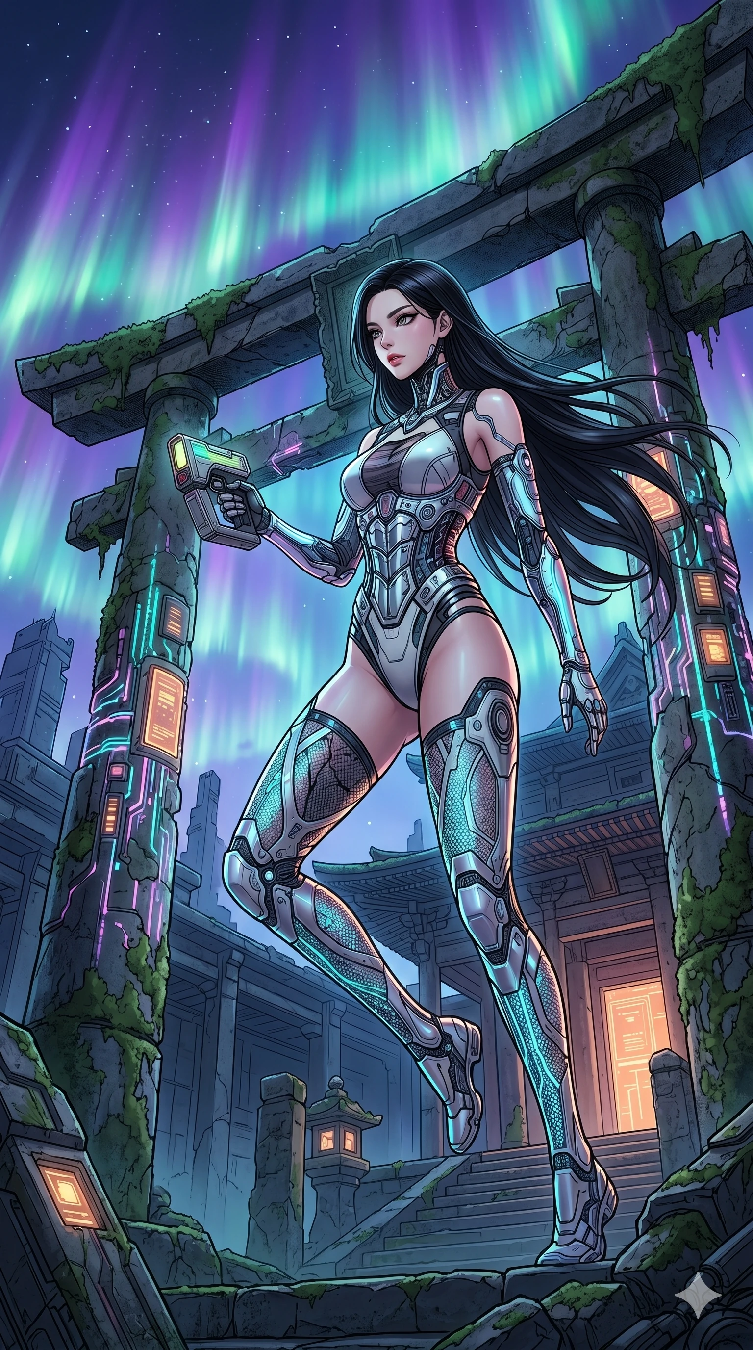 score_9, masterpiece, best quality, ultra-detailed, high-budget anime movie keyframe, cinematic anime lighting, intricate line art, Korean woman. Dynamic full-body shot stretching the vertical silhouette across the 9:16 frame. exploring lost ruins in a cyber-temple in Neo-Tokyo amidst aurora borealis. She has an absolutely perfect 8-heads proportion, an exceptionally tall and slender female figure with an ultra-slim waist and impossibly long slender legs. sharp v-shaped jawline, high-bridge nose, intricate jewel-like eyes, thick eyelashes, glossy lips. Wearing asymmetrical high-cut tech-bodysuit with detached glowing sleeves, chrome-plated mechanical corset, and bioluminescent mesh panels clinging to her slender figure. The scene is illuminated by dramatic atmospheric lighting and vibrant color palettes. , 2k, ultra detail, master piece, 9:16 ratio