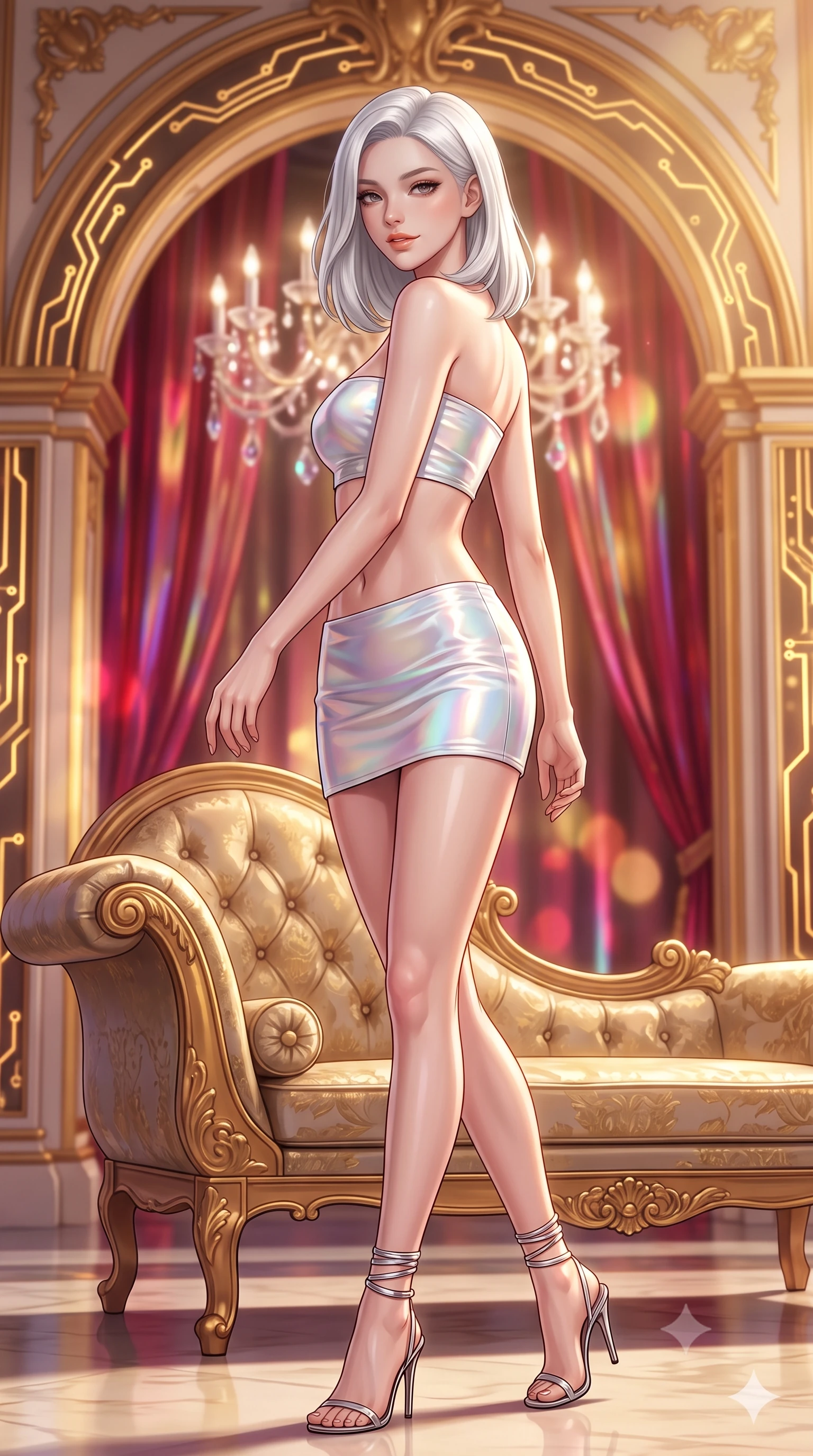 score_9, masterpiece, best quality, ultra-detailed, high-budget anime keyframe, semi-realistic 3D game render, editorial fashion photography, tasteful artistic composition, Korean woman. low angle full-body shot from head to toe showing her feet, filling the entire 9:16 vertical frame with her statuesque presence, stretching her vertical silhouette. walking along the terrace with poise, looking back over her bare shoulder with an irresistible smoldering bedroom-gaze while lounging gracefully across the antique gilded chaise propped on one elbow with legs extended, displaying her long slender limbs and statuesque hourglass silhouette with regal anime flair. The background shows a soft-focus levitating crystal plasma chandelier, soaring gilded baroque arches interlaced with pulsing gold circuits, and holographic crimson curtains blurred into ruby, gold, and champagne bokeh. She has an exceptionally tall and slender model-like 8.5-heads proportion, an ultra-slim waist, a flat toned midriff, narrow delicate ribcage, and beautifully sculpted feminine hips creating a graceful, slim hourglass silhouette without any bulky heaviness, with impossibly long slender legs. sharp v-shaped jawline, high-bridge nose, intricate jewel-like sparkling eyes with depth, thick eyelashes, glossy parted lips with a natural peach sheen, bright cheerful beaming smile with an enchanting and coquettish sensual glint, exuding both youthful cute charm and seductive allure, flawlessly proportioned anatomical accuracy, strict slender model proportions, natural body alignment, perfectly sculpted long slender limbs, ultra-slim waistline, clean dynamic posture without body distortion. wearing an ultra-cropped tech-wear bandeau top paired with a micro mini skirt revealing her flat toned midriff in iridescent mother-of-pearl and liquid molten silver, crafted from bespoke double-faced cashmere with an exceptionally soft tactile finish, complemented by strappy stiletto sandals with metallic ankle wraps accentuating her slender calves, the second-skin tailored fabric adhering flawlessly to her sculpted flat midriff and slender torso, emphasizing her long leg lines and perfectly proportioned willowy build. bathed in warm 2600K golden spotlight radiance combined with ruby and amber holographic curtain glow. highly saturated vibrant anime colors, detailed shading with soft gradients, rich glossy textures, high-contrast stereoscopic depth, volumetric dynamic lighting, master piece, 9:16 ratio