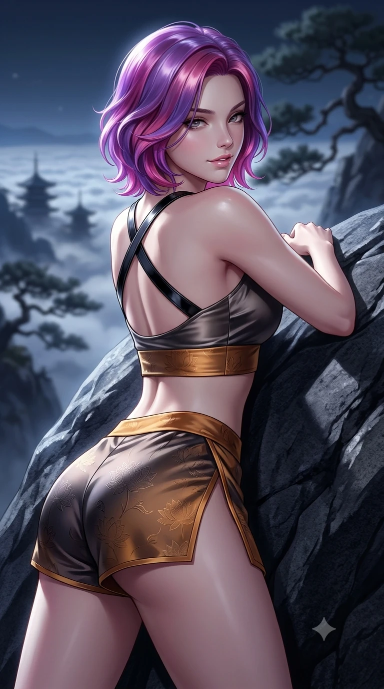 score_9, masterpiece, best quality, ultra-detailed, high-budget anime keyframe, semi-realistic 3D game render, editorial fashion photography, tasteful artistic composition, Caucasian woman. close-up cowboy shot from the waist and thighs up, the character dominates the composition, filling the frame with her large presence. posing in an alluring rear three-quarter angle, looking over a bare shoulder with parted glossy lips, her hips cocked back to highlight her slim hourglass curve while lounging back against the smooth granite rock propped on both elbows, her flat midriff and long slender legs commanding the panoramic mountain vista. The background shows a soft-focus sea of moonlit clouds filling the valley below, distant multi-tiered pagoda silhouettes, and gnarled ancient pines blurred into silver, indigo, and charcoal bokeh. She has an exceptionally elegant, slender, and willowy female figure with an ultra-slim waist, flat toned midriff, narrow ribcage, and sculpted feminine hips creating an alluring, slim hourglass silhouette without bulk. sharp v-shaped jawline, high-bridge nose, sparkling eyes with hypnotic seductive depth, thick curled eyelashes, glossy parted lips with a natural dewy peach sheen, alluring bedroom-eyes with an enchanting coquettish smile, exuding magnetic siren charisma and sophisticated glamour, flawlessly proportioned anatomical accuracy, strict slender model proportions, natural body alignment, perfectly sculpted long slender limbs, ultra-slim waistline, clean dynamic posture without body distortion. wearing a liquid-look silk satin jeogori crop top with low-back scoop paired with high-slit wrap mini shorts in smoked agarwood charcoal and warm honey amber, tailored from rich silk jacquard with subtle embossed lotus blossom patterns, featuring an open-back criss-cross harness strap in patent black leather, the impeccably tailored cut draping gracefully along her slender figure with aristocratic eastern poise. bathed in crisp, unhindered 6000K mountain full-moon light casting dramatic razor-sharp shadows across the rock face. highly saturated vibrant anime colors, detailed shading with soft gradients, rich glossy textures, high-contrast stereoscopic depth, volumetric dynamic lighting, master piece, 9:16 ratio