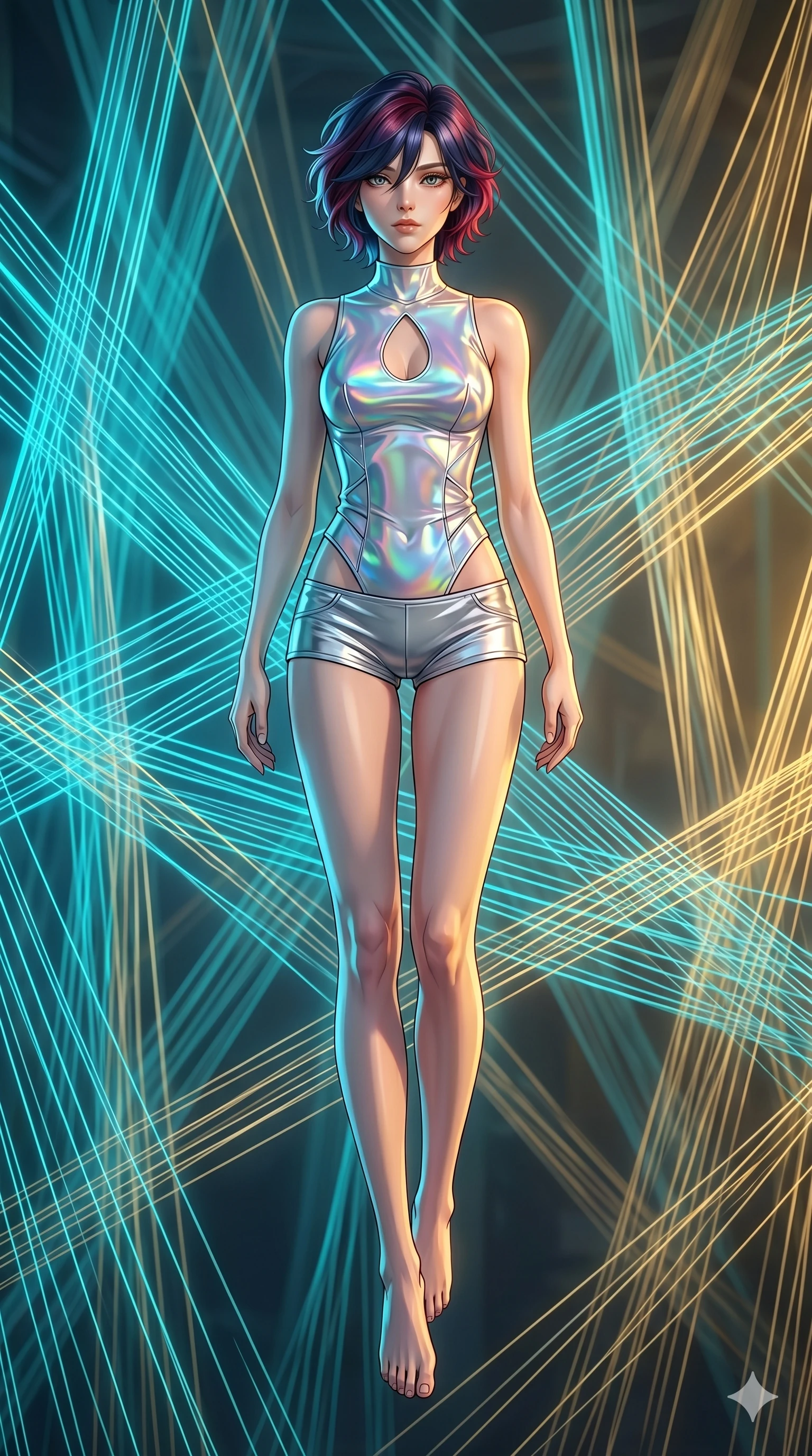 score_9, masterpiece, best quality, ultra-detailed, high-budget anime keyframe, Caucasian woman, strictly human ears. low angle full-body shot filling the entire 9:16 frame with her statuesque presence, stretching the vertical silhouette. floating suspended in an ethereal loom room where millions of luminescent cyan and gold threads intersect and weave geometric patterns. She has an absolutely perfect 8-heads proportion, an exceptionally tall and slender female figure with impossibly long slender legs and an ultra-slim waist. V-shaped jawline, high-bridge nose, intricate jewel-like eyes with depth, thick eyelashes, glossy lips with a natural sheen.. wearing a holographic liquid silk vest and silver metallic micro-shorts, featuring a keyhole cutout and form-fitting silhouette. accented by dynamic color-blocked lighting with high-contrast shadows emphasizing her statuesque height. 2k, ultra detail, master piece, 9:16 ratio