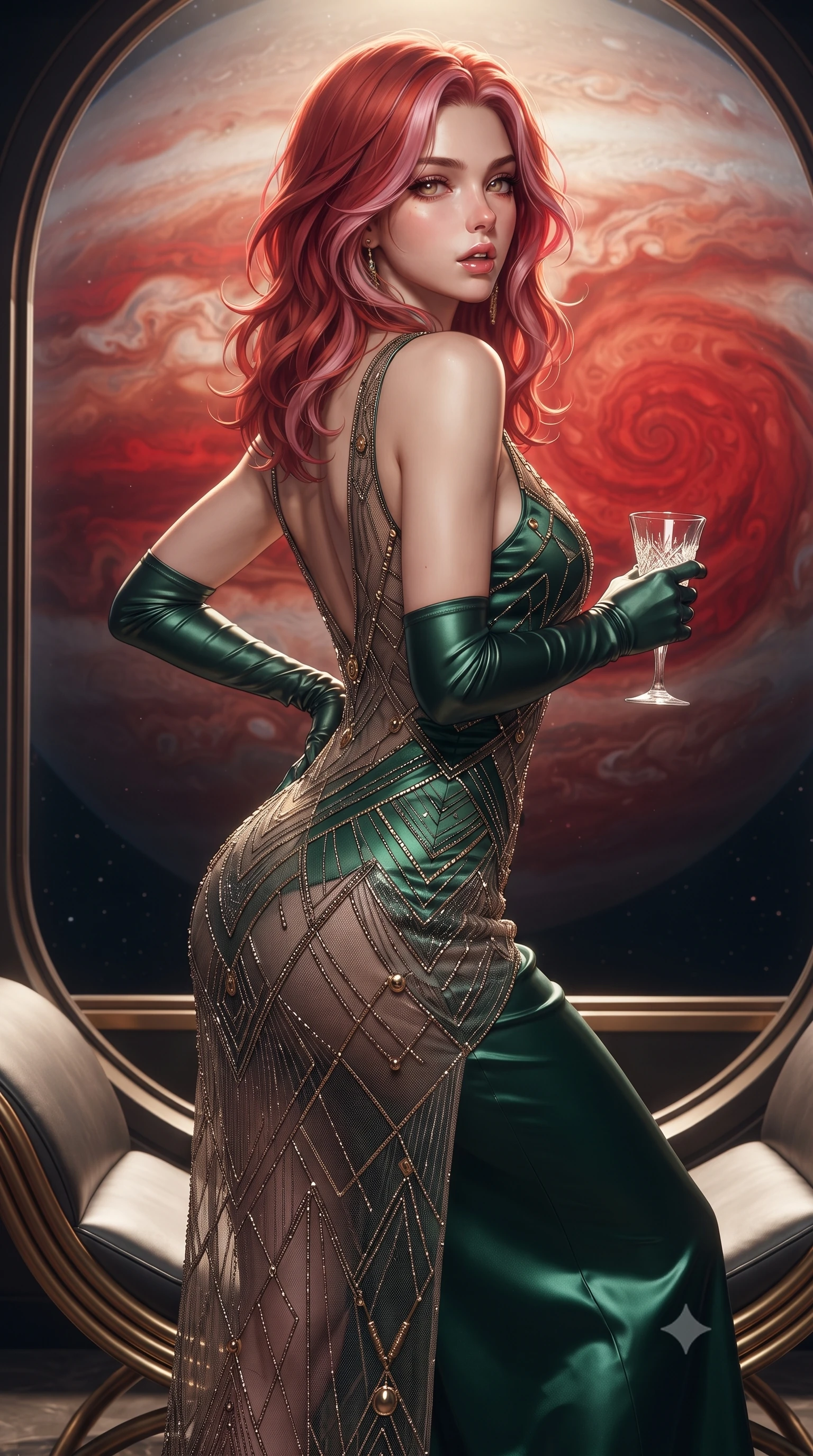 score_9, masterpiece, best quality, ultra-detailed, high-budget anime keyframe, editorial fashion photography, tasteful artistic composition, Caucasian woman. close-up cowboy shot from the waist and thighs up, the character dominates the composition, filling the frame with her large presence. posing in an alluring rear three-quarter angle, arching her lower back in a pronounced S-curve with one hand on her hip, glancing seductively over her bare shoulder with parted glossy lips while perching on the rim of a curved titanium-and-brass art deco lounger, arching her lower back as the colossal crimson swirl of Jupiter's Great Red Spot fills the panoramic viewport. The surrounding environment is rendered in vivid detail and crisp panoramic clarity. detailed metallic gown texture, cosmic radiation glints on skin, and planet shadow contrast in high resolution. She has an exceptionally elegant, slender, and willowy female figure with an ultra-slim waist, flat toned midriff, narrow ribcage, and sculpted feminine hips creating an alluring, slim hourglass silhouette without bulk. sharp v-shaped jawline, high-bridge nose, intricate jewel-like eyes with depth, thick eyelashes, glossy parted lips with a natural sheen, intensely captivating and seductive bedroom-eyes expression, flawlessly proportioned anatomical accuracy, strict slender model proportions, natural body alignment, perfectly sculpted long slender limbs, ultra-slim waistline, clean dynamic posture without body distortion. wearing a sheer vintage mesh flapper dress adorned with intricate geometric beadwork over an opaque silk slip in deep emerald green satin and gold hardware, tailored from second-skin aerodynamic stretch vinyl with specular wet sheen, accessorized with opera-length satin gloves and a vintage crystal glass, the glove-like aerodynamic silhouette tightly following the natural contour of her hips and long slender legs with statuesque 8.5-heads elegance. illuminated by crisp directional star shine sharply defining her sculpted collarbones, ultra-slim waist, and curvy hips. ultra-reflective glossy finish, specular highlights, rich textural contrasts, high-contrast stereoscopic depth, volumetric dynamic lighting, 2k, ultra detail, master piece, 9:16 ratio