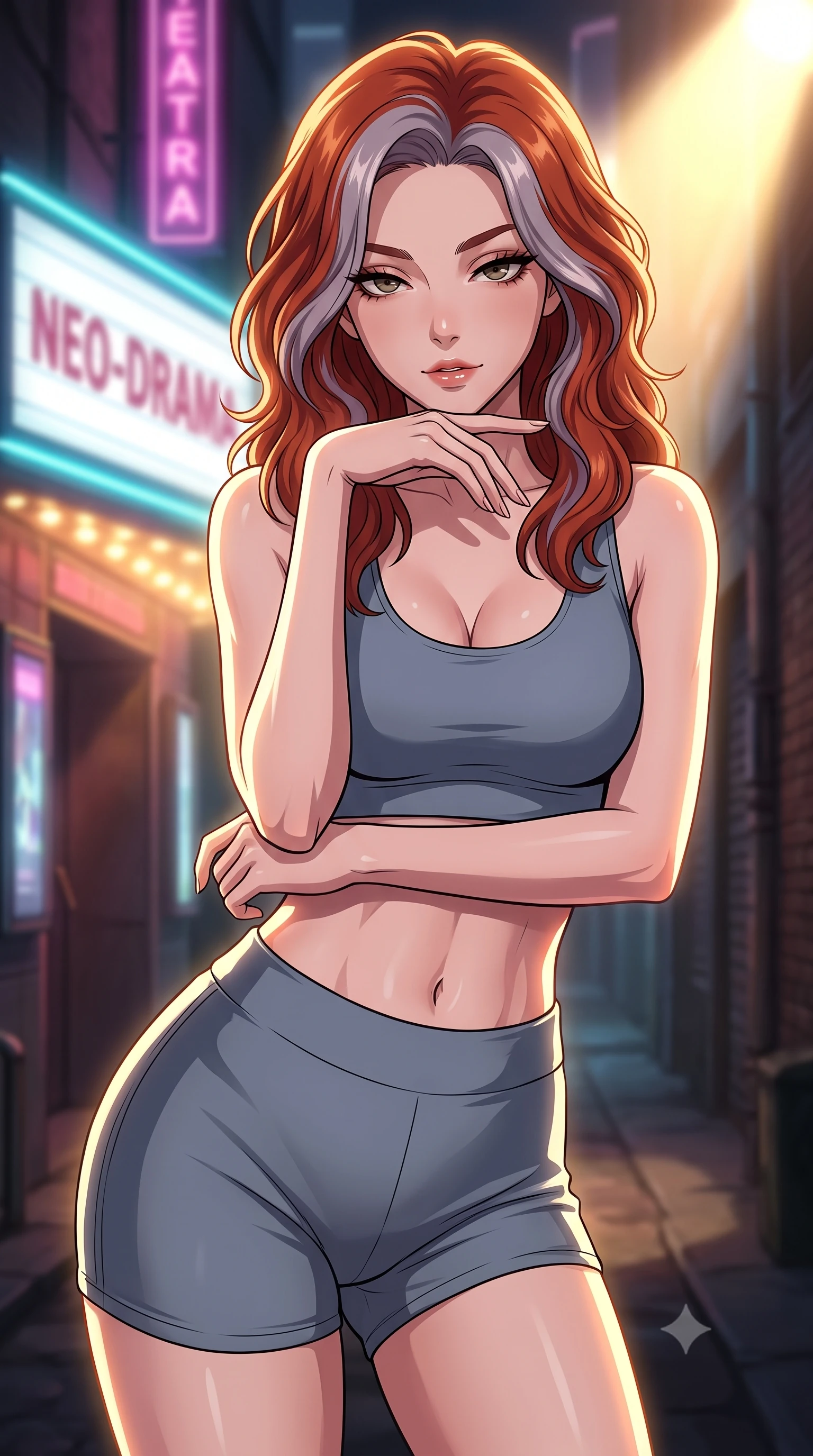 score_9, masterpiece, best quality, ultra-detailed, high-budget anime keyframe, tasteful artistic composition, Caucasian woman. close-up cowboy shot from the waist and thighs up, the character dominates the composition, filling the frame with her large presence, background elements kept in soft focus. resting her chin on the backs of her fingers, casting a heavy-lidded, sultry look past the camera the background shows a soft-focus a secluded alleyway behind a glowing cybernetic theatre facade. She has an exceptionally elegant, slender, and willowy female figure with an ultra-slim waist, a gracefully sculpted slender torso, and a refined silhouette. sharp v-shaped jawline, high-bridge nose, intricate jewel-like eyes with depth, thick eyelashes, glossy lips with a natural sheen. wearing a tailored body-hugging athletic crop top and high-waisted shorts set in slate grey. dramatic theater spotlights casting a bright warm key light on her silhouette. highly saturated vibrant anime colors, cel-shading, 2d style, master piece, 9:16 ratio