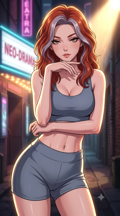 score_9, masterpiece, best quality, ultra-detailed, high-budget anime keyframe, tasteful artistic composition, Caucasian woman. close-up cowboy shot from the waist and thighs up, the character dominates the composition, filling the frame with her lar