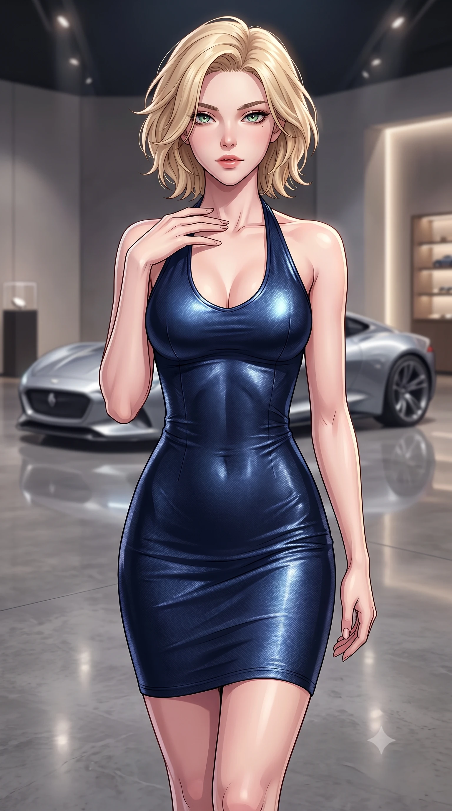 score_9, masterpiece, best quality, ultra-detailed, high-budget anime keyframe, tasteful artistic composition, Caucasian woman. close-up cowboy shot from the waist and thighs up, the character dominates the composition, filling the frame with her large presence, background elements kept in soft focus. standing with one hand resting on her collarbone, looking at the viewer with bedroom-eyes the background shows a soft-focus an indoor showroom with polished concrete floors reflecting a silver concept car. She has an exceptionally elegant, slender, and willowy female figure with an ultra-slim waist, a gracefully sculpted slender torso, and a refined silhouette. sharp v-shaped jawline, high-bridge nose, intricate jewel-like eyes with depth, thick eyelashes, glossy lips with a natural sheen. wearing a body-hugging form-fitting halter dress in deep navy blue, contouring her athletic, slender build. soft spotlighting highlighting the metallic sheen and glossy finish of the outfit. highly saturated vibrant anime colors, cel-shading, 2d style, master piece, 9:16 ratio
