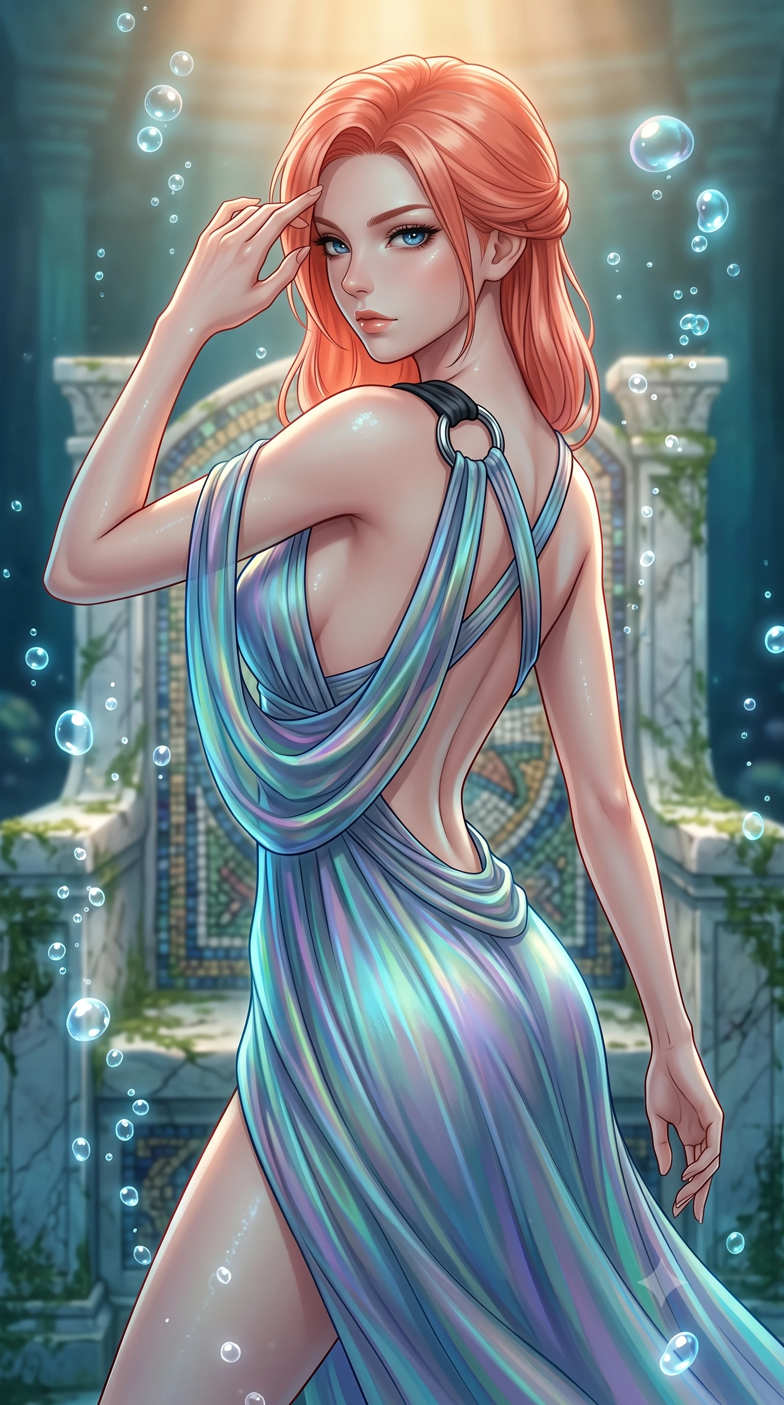 score_9, masterpiece, best quality, ultra-detailed, high-budget anime keyframe, editorial fashion photography, tasteful artistic composition, Japanese woman. close-up cowboy shot from the waist and thighs up, the character dominates the composition, filling the frame with her large presence, background elements kept in soft focus. Resting her fingers gracefully near her temple, casting a sharp mysterious side-gaze during her stride while pivoting her torso in a fluid S-curve alignment over a submerged mosaic marble throne, rising bioluminescent bubbles casting soft pearl-like highlights on her skin. She has an exceptionally elegant, slender, and willowy female figure with an ultra-slim waist, a gracefully sculpted slender torso, and a refined silhouette. sharp v-shaped jawline, high-bridge nose, intricate jewel-like eyes with depth, thick eyelashes, glossy lips with a natural sheen, flawlessly proportioned anatomical accuracy, natural body alignment, perfectly sculpted elegant limbs, clean dynamic posture without body distortion. wearing an asymmetrical Grecian draped chiffon gown with a metallic shoulder ring in matte black and polished silver, crafted from iridescent chiffon that shifts colors in the light, complemented by criss-cross back straps highlighting her bare shoulders, the elegant draped fit framing her graceful clavicle and slender torso. illuminated by deep sea bioluminescence and warm golden top lighting. highly saturated vibrant anime colors, detailed shading with soft gradients, rich glossy textures, high-contrast stereoscopic depth, volumetric dynamic lighting, master piece, 9:16 ratio