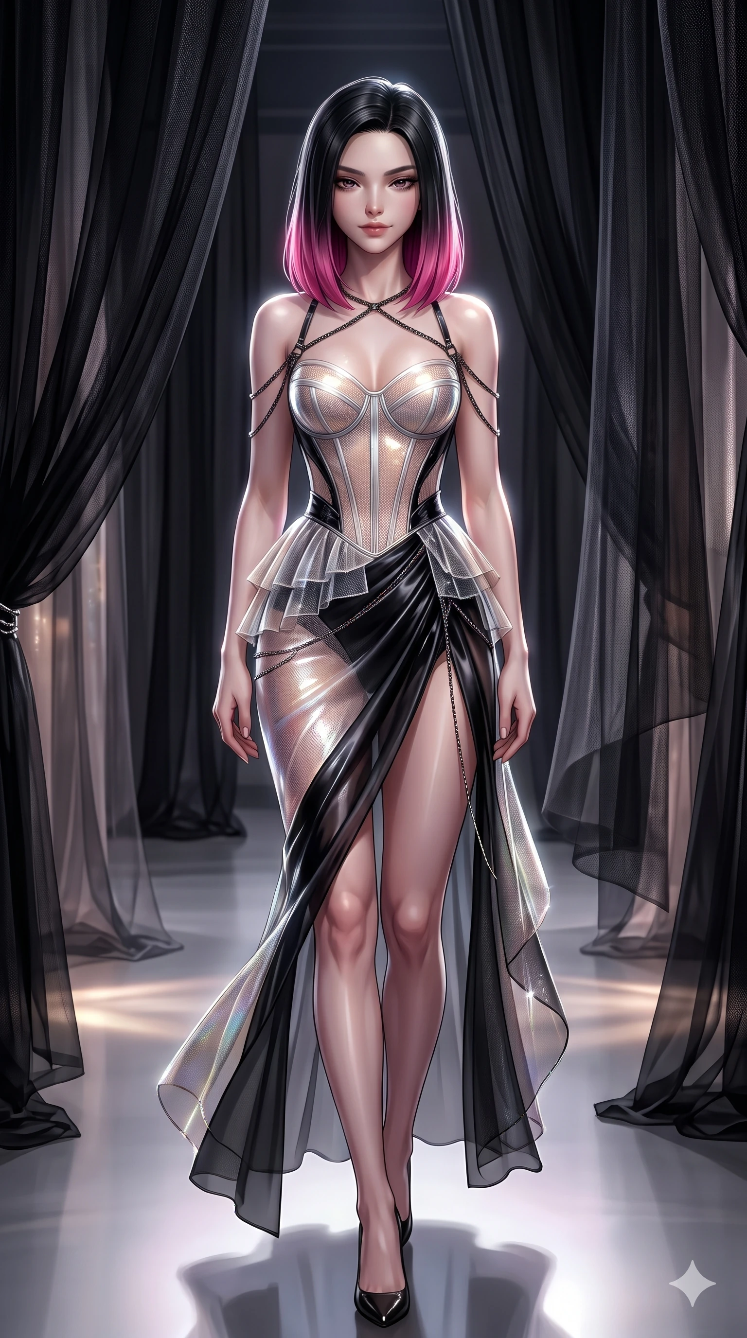 score_9, masterpiece, best quality, ultra-detailed, high-budget anime keyframe, semi-realistic 3D game render, editorial fashion photography, tasteful artistic composition, Korean woman. close-up cowboy shot from the waist and thighs up, the character dominates the composition, filling the frame with her large presence. looking down with lowered lashes and a composed, powerful dark aura, her tailored outfit tracing her curves while walking dynamically through the labyrinth of black gossamer drapes, her long slender legs and curvaceous hips creating a sweeping vertical line. The surrounding environment is rendered in vivid detail and crisp panoramic clarity: detailed tiered tulle gown tailoring, corseted waist structure, and high-fashion exhibition design in razor-sharp clarity. She has an exceptionally elegant, slender, and willowy female figure with an ultra-slim waist, flat toned midriff, narrow ribcage, and sculpted feminine hips creating an alluring, slim hourglass silhouette without bulk. sharp v-shaped jawline, high-bridge nose, intricate jewel-like dark sparkling eyes with hypnotic seductive depth, thick curled eyelashes, glossy parted lips with a natural wine sheen, alluring bedroom-eyes with an enigmatic smoldering smile, exuding magnetic sovereign charisma and dark avant-garde glamour, flawlessly proportioned anatomical accuracy, strict slender model proportions, natural body alignment, perfectly sculpted long slender limbs, ultra-slim waistline, clean dynamic posture without body distortion. wearing a translucent iridescent micro-mesh corset dress with wet-look second-skin cling tracing her feminine curves in celestial champagne ivory and high-gloss jet black, tailored from soft dark satin with subtle light-absorbing depth, accented with a dark metallic body chain harness subtly framing her dewy collarbones and spine, the high-slit wrap tailoring accentuating her ultra-slim waistline and the enchanting curve of her feminine hips with alluring seductive charm. illuminated by polished gallery floor bounce and sharp diamond-platinum rim lights sculpting her razor-sharp jawline, narrow waist, and curvy hips. highly saturated vibrant anime colors, detailed shading with soft gradients, rich glossy textures, high-contrast stereoscopic depth, volumetric dynamic lighting, master piece, 9:16 ratio