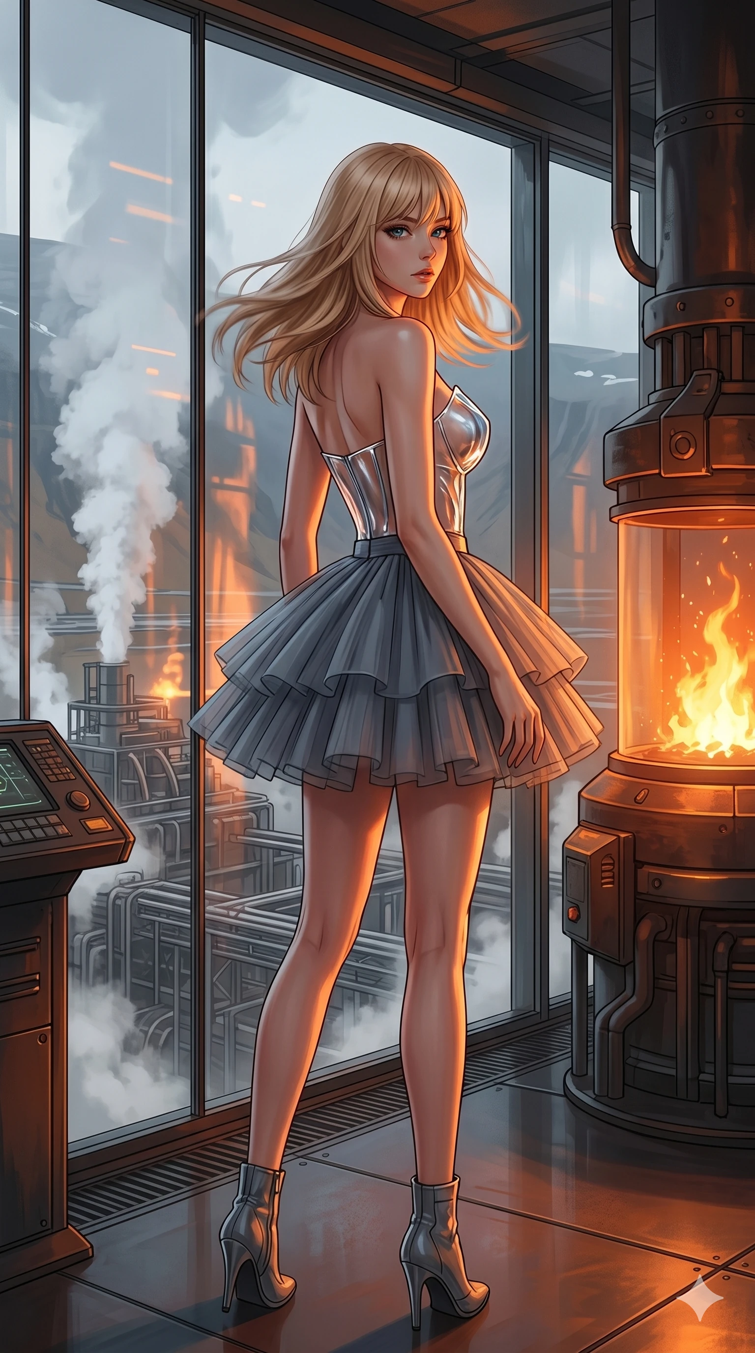 score_9, masterpiece, best quality, ultra-detailed, high-budget anime keyframe, editorial fashion photography, tasteful artistic composition, Japanese woman. cowboy shot from the thighs up, character and outfit filling the frame for maximum editorial presence. Turning her head slowly toward the camera, her hair brushing against her shoulders in motion on a high-tech observation deck overlooking a massive geothermal energy plant. She has an absolutely perfect 8-heads proportion, an exceptionally tall and slender female figure with impossibly long slender legs and an ultra-slim waist. V-shaped jawline, high-bridge nose, intricate jewel-like eyes with depth, thick eyelashes, glossy lips with a natural sheen. wearing a sculpted transparent polymer glass bustier paired with a multi-layered slate gray tulle mini skirt. bathed in the warm, flickering orange light of an alchemical forge, casting long moving shadows. 2k, ultra detail, master piece, 9:16 ratio