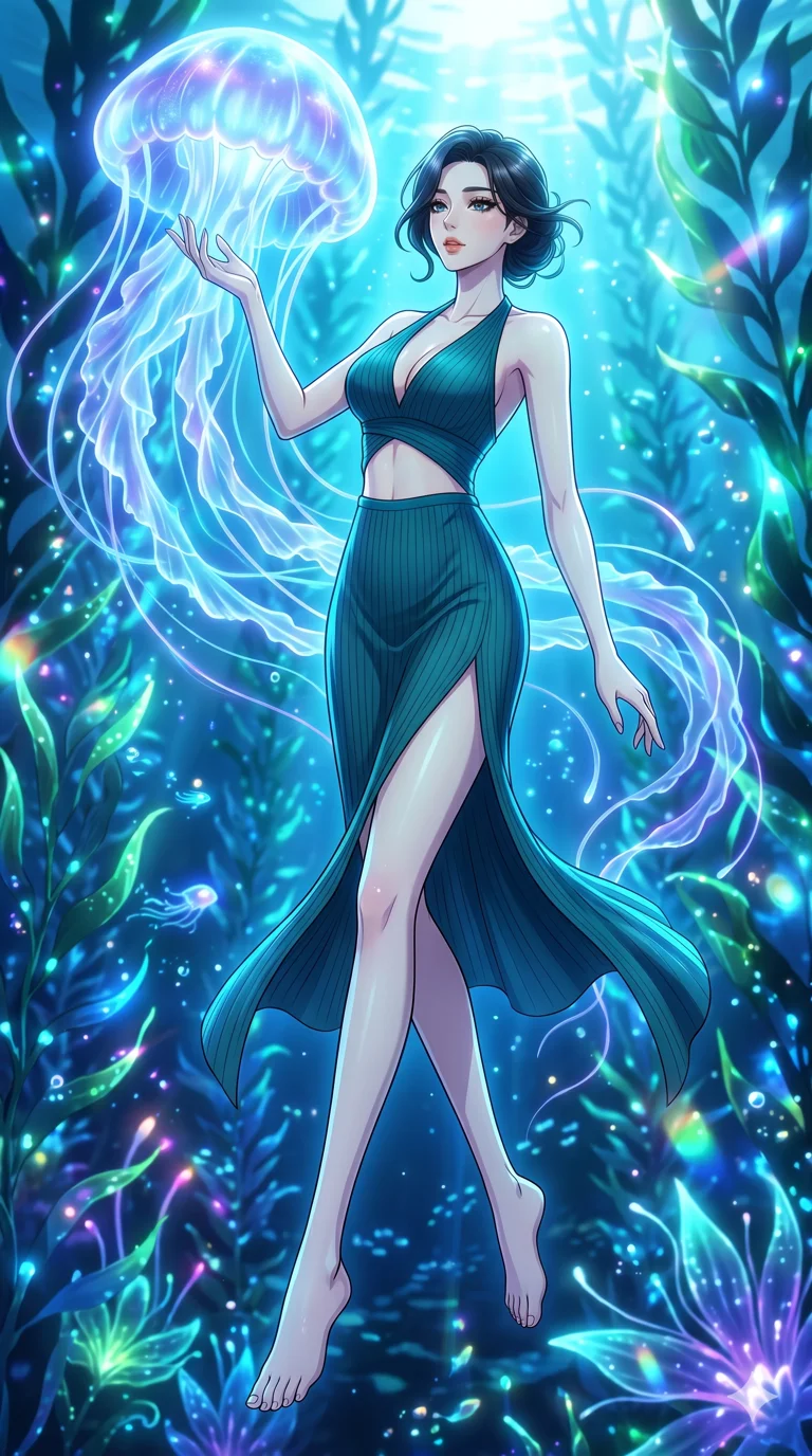 score_9, masterpiece, best quality, ultra-detailed, High-budget Anime Keyframe, vibrant colors, fluid line-art, expressive lighting, cinematic composition, Ufotable-style visual effects, top-tier animation quality, Korean woman with idol-like refined features. Dynamic full-body shot stretching the vertical silhouette, capturing her from a powerful low-angle perspective. Guiding a massive bioluminescent jellyfish through a forest of glowing kelp. She has an absolutely perfect 8-heads proportion, an exceptionally tall and slender female figure with impossibly long slender legs and an ultra-slim waist, her statuesque height and towering silhouette dominating the vertical 9:16 frame. Her face is a masterpiece featuring a sharp v-shaped jawline, high-bridge nose, intricate jewel-like eyes with depth, thick eyelashes, and glossy lips with a natural sheen. She is wearing a Ribbed knit bodycon midi dress with a deep-V neck halter top, featuring an exposed midriff and a dangerous high slit.. The scene is set in an underwater Eden where the plants are made of light and fiber-optics. 2k, ultra detail, master piece, 9:16 ratio