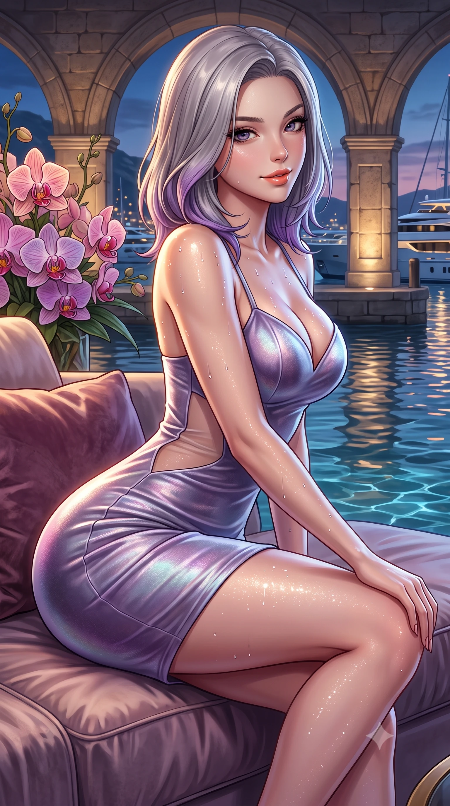 score_9, masterpiece, best quality, ultra-detailed, high-budget anime keyframe, semi-realistic 3D game render, editorial fashion photography, tasteful artistic composition, Caucasian woman. close-up cowboy shot from the waist and thighs up, the character dominates the composition, filling the frame with her large presence. perched sideways on the lounge seat, one knee drawn up to showcase her slender leg line while her arched back accentuates her feminine hip curve while twisting her slender torso in an alluring S-curve, glittering mega-yacht lights dancing across her bare shoulders, flat midriff, and curvy hips. The surrounding environment is rendered in vivid detail and crisp panoramic clarity: sharp orchid petal textures, weathered limestone arch joints, and harbor water ripple clarity in deep focus. She has an exceptionally elegant, slender, and willowy female figure with an ultra-slim waist, flat toned midriff, narrow ribcage, and sculpted feminine hips creating an alluring, slim hourglass silhouette without bulk. sharp v-shaped jawline, high-bridge nose, sparkling eyes with hypnotic seductive depth, thick curled eyelashes, glossy parted lips with a natural dewy peach sheen, alluring bedroom-eyes with an enchanting coquettish smile, exuding magnetic siren charisma and sophisticated glamour, flawlessly proportioned anatomical accuracy, strict slender model proportions, natural body alignment, perfectly sculpted long slender limbs, ultra-slim waistline, clean dynamic posture without body distortion. wearing a deep sweetheart-neckline velvet bodycon dress with sheer side-torso cutouts accentuating her hourglass curves in dusk lavender and iridescent silver, woven from buttery-soft stretch lambskin leather adhering to her body like a second skin, finished with glistening drops of hot spring or lagoon water beading across her sculpted shoulders and collarbones, the liquid-tight tailored fabric clinging flawlessly to her narrow waist and rounded feminine hips, emphasizing every millimeter of her sculpted slim hourglass curves without any bulky heaviness. bathed in warm garden landscape uplighting mixed with dynamic multi-color reflections from harbor yachts. highly saturated vibrant anime colors, detailed shading with soft gradients, rich glossy textures, high-contrast stereoscopic depth, volumetric dynamic lighting, master piece, 9:16 ratio